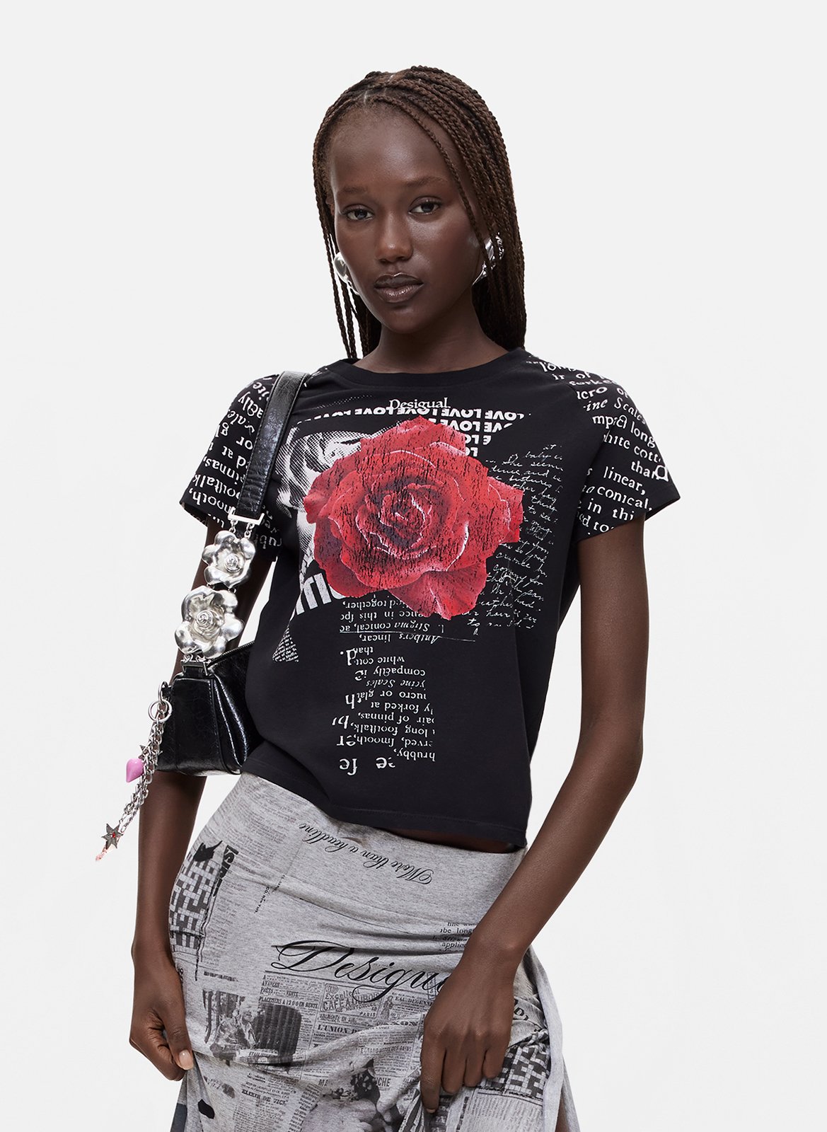 Tee-shirt droit col rond en coton mélangé imprimé DESIGUAL Noir