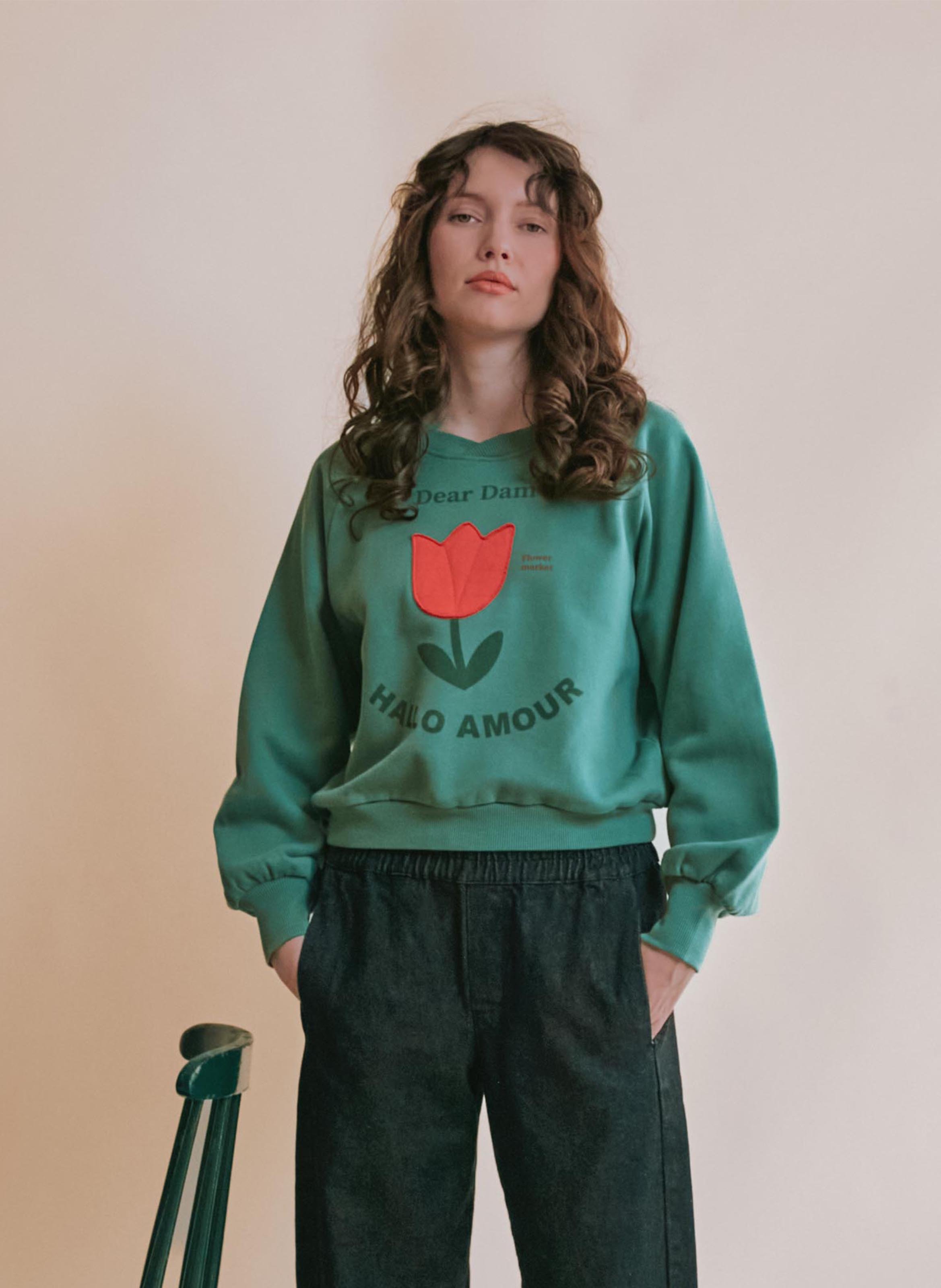 Sweat oversize col rond en coton bio imprimé EMILE ET IDA Vert