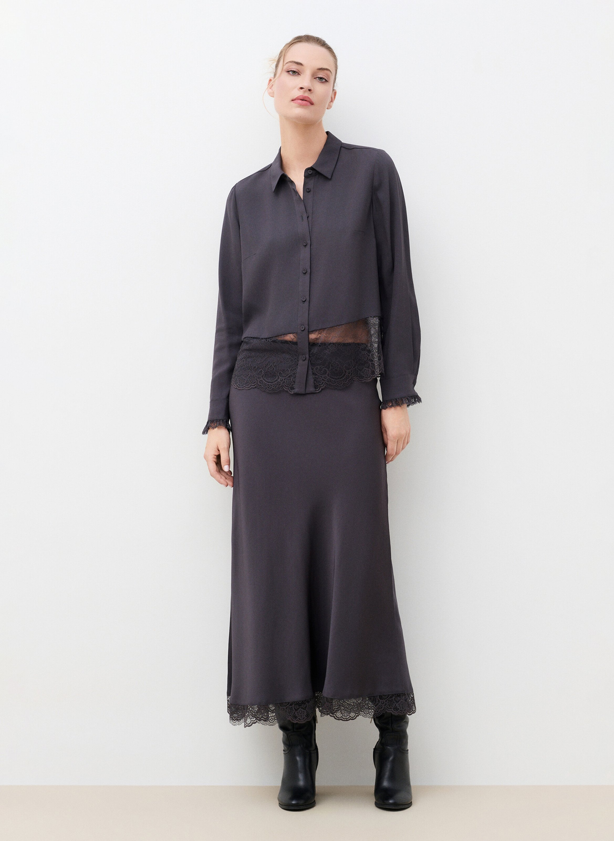 Solid Straight Shirt with Lace CAROLL Grey