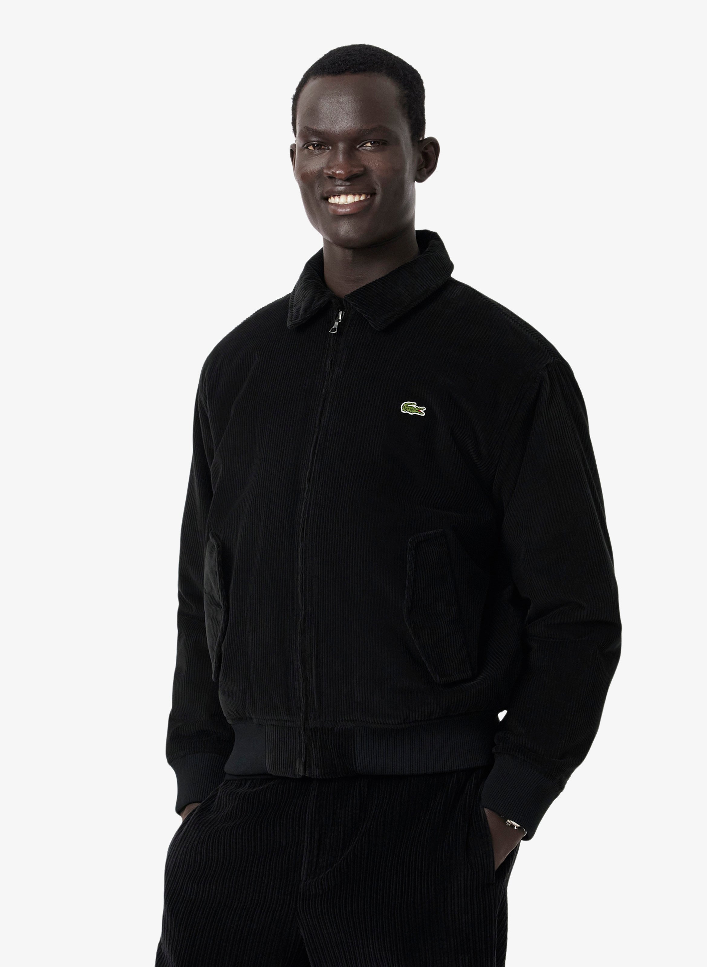 Straight bomber jacket with classic collar in ribbed velvet cotton. LACOSTE Black