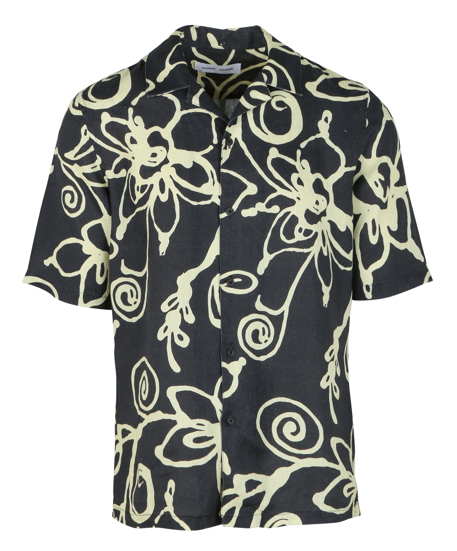 Weite Hemdbluse mit Reverskragen aus bedruckter Leinenmischung SAMSOE SAMSOE Schwarz
