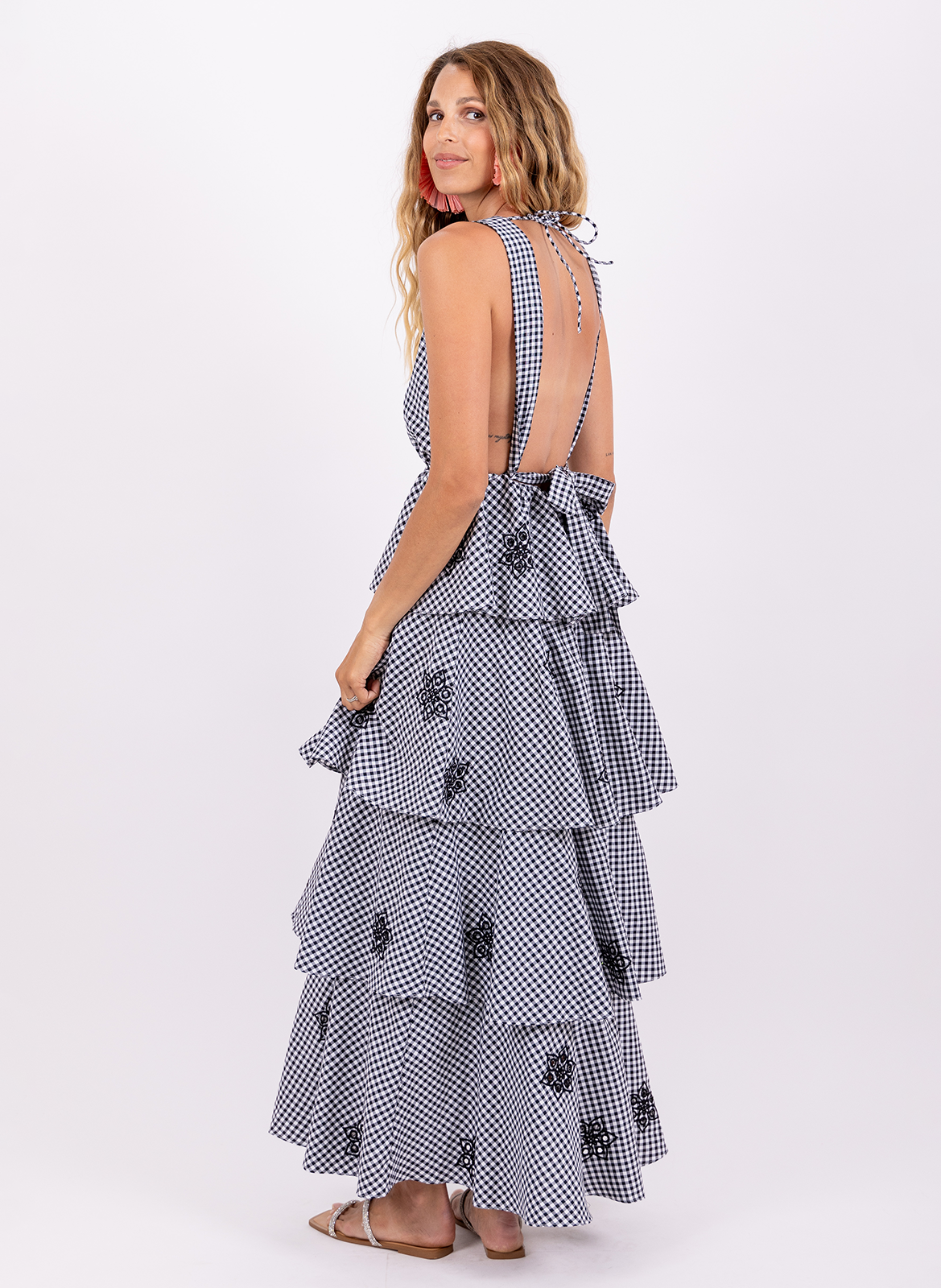 Robe longue vichy à volants SUNDRESS Noir