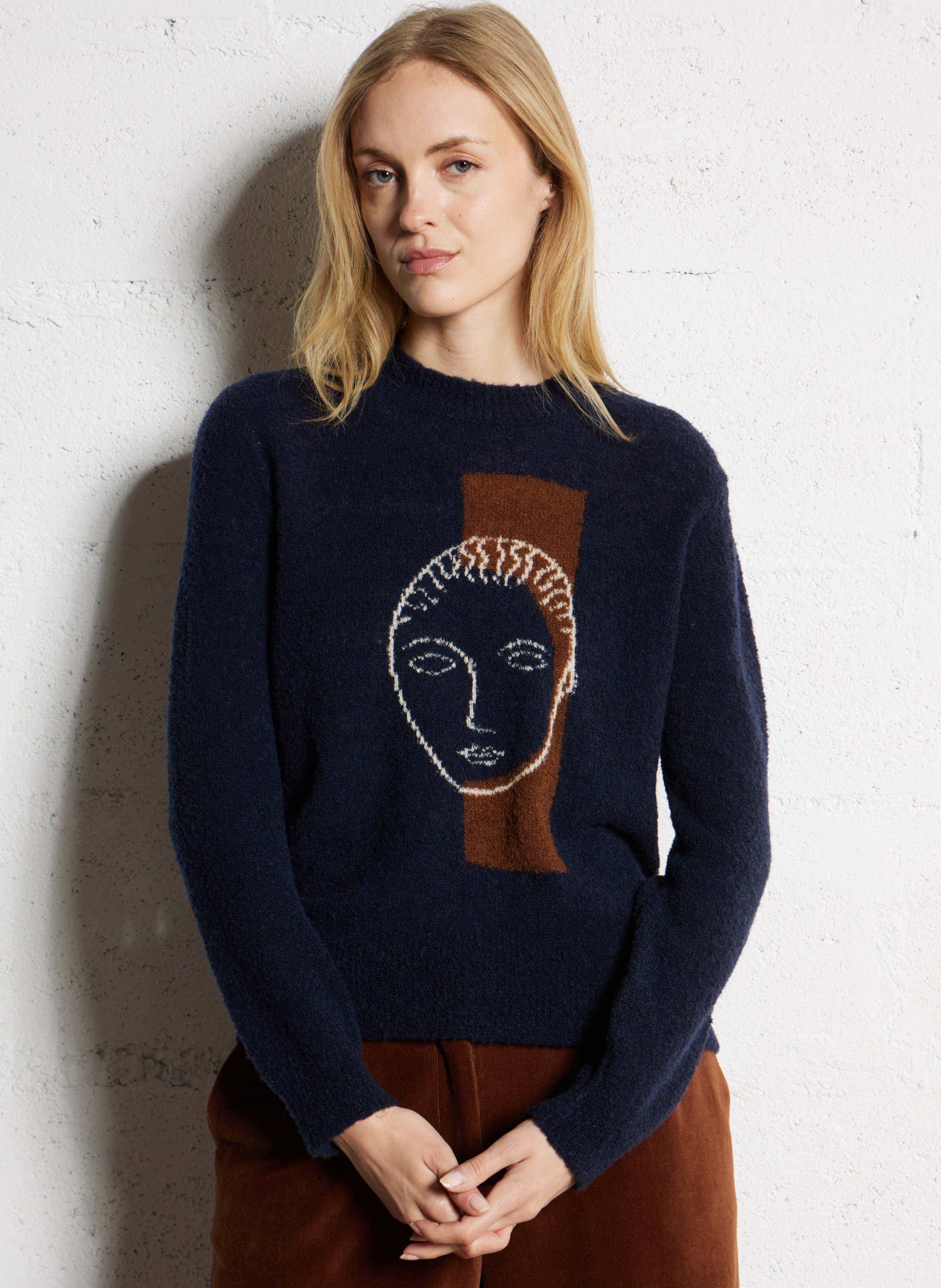 Pull droit col rond jacquard en laine mélangée NICE THINGS Bleu