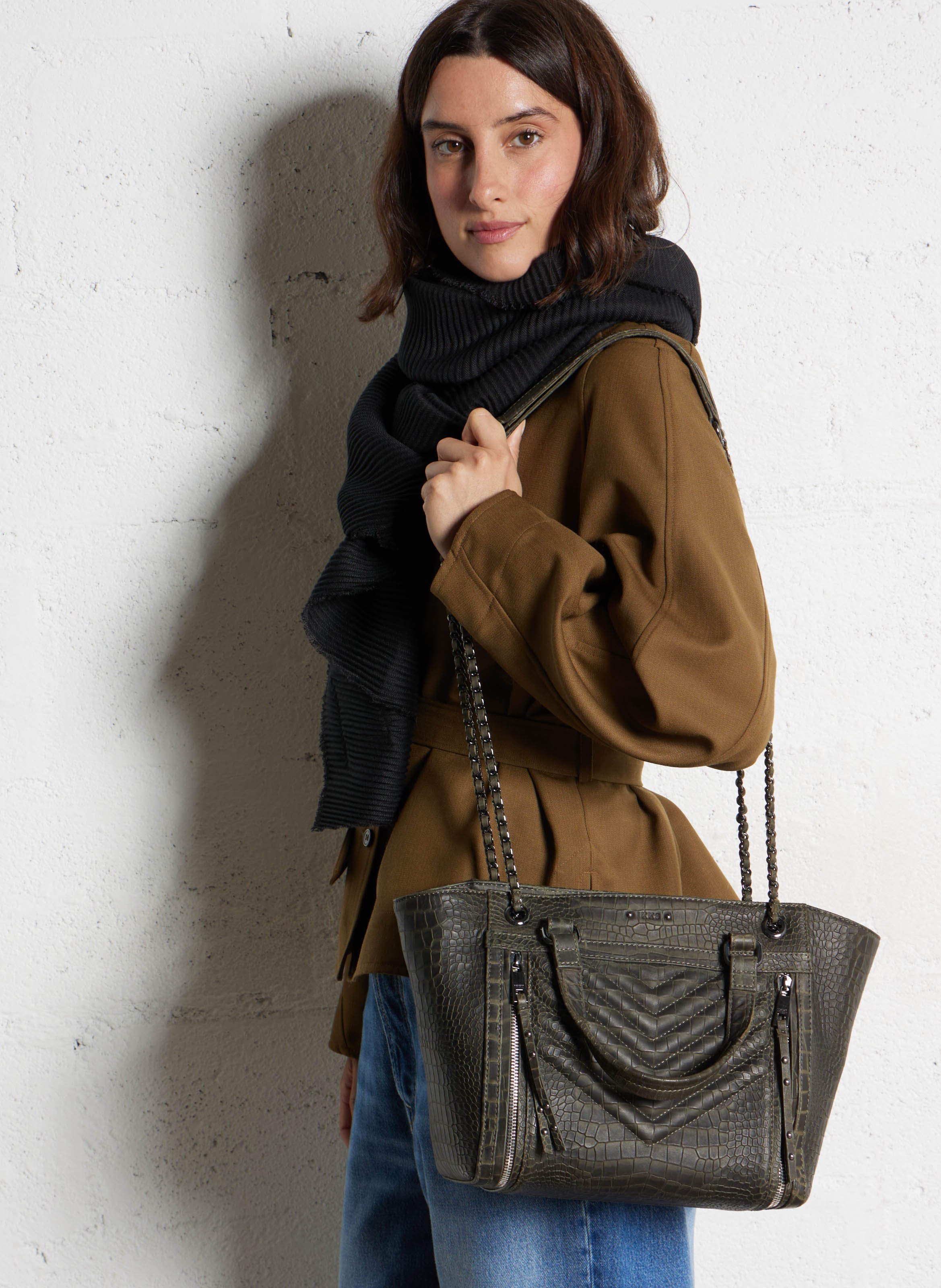 Embossed crocodile effect leather tote bag IKKS Khaki