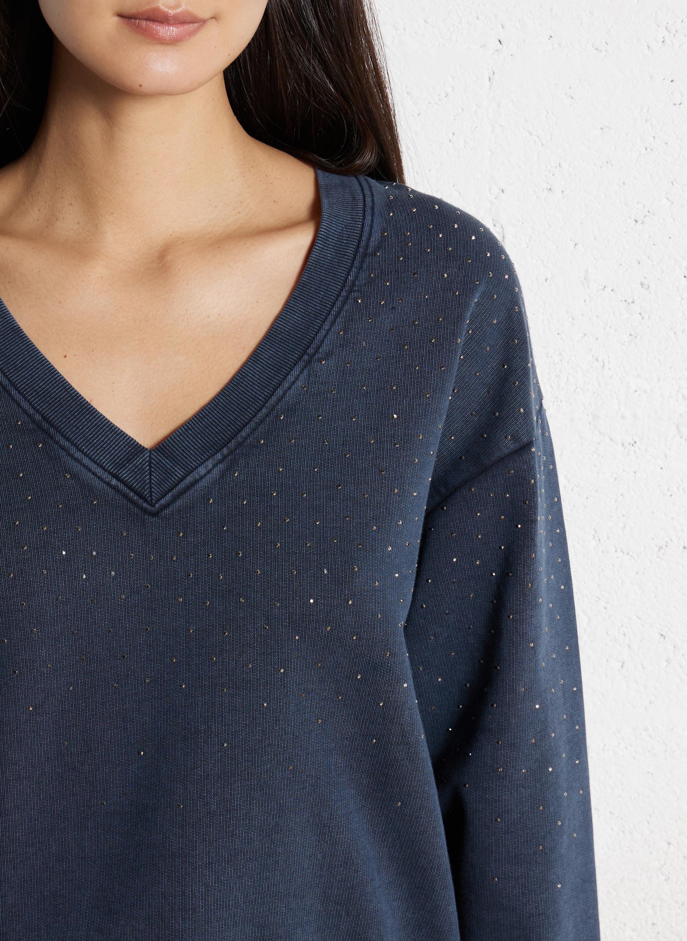 Sweat oversize col V en coton IKKS Bleu