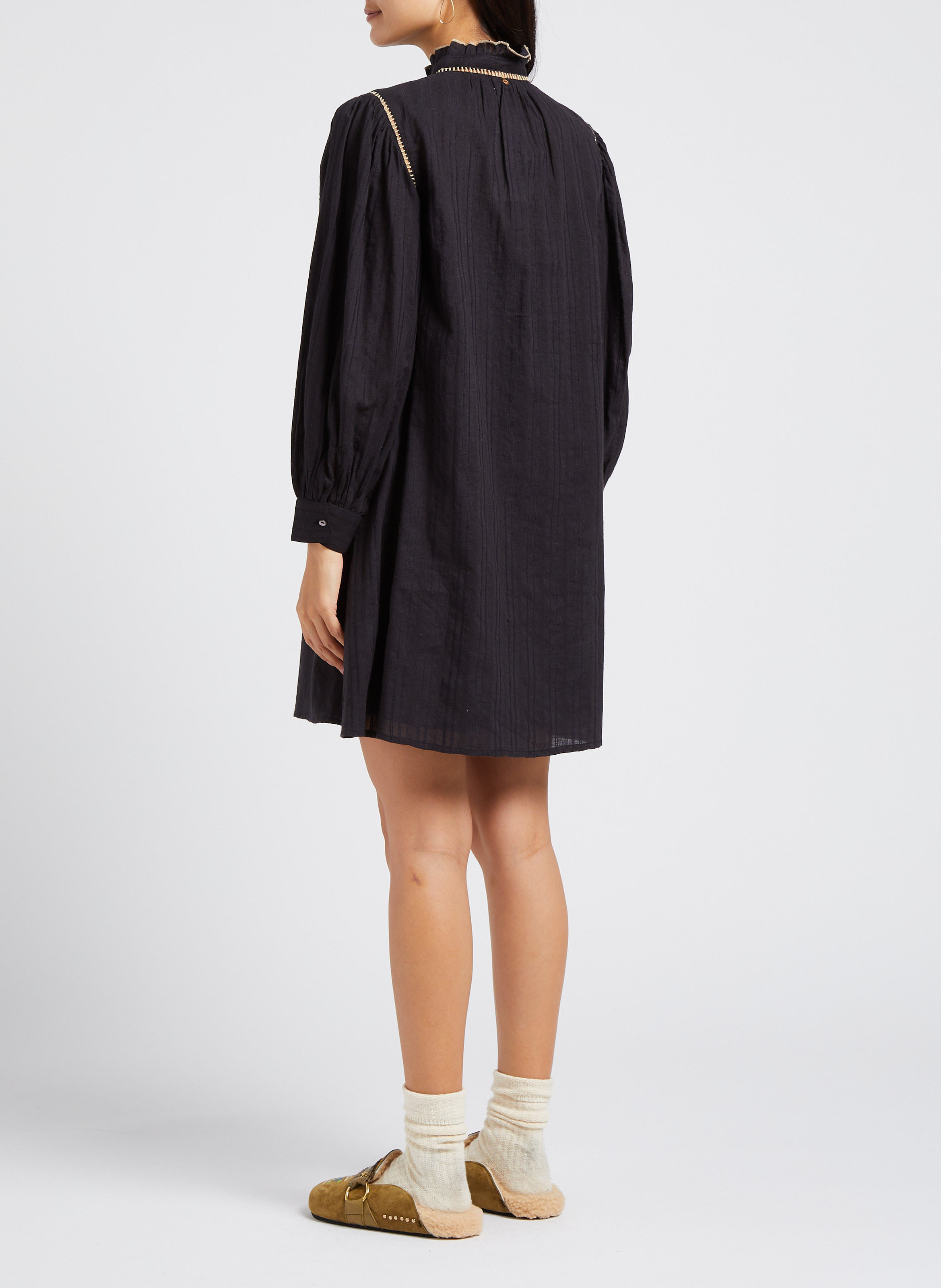 Ausgestelltes Kurzkleid mit Stehkragen aus Baumwolle ANTIK BATIK Schwarz