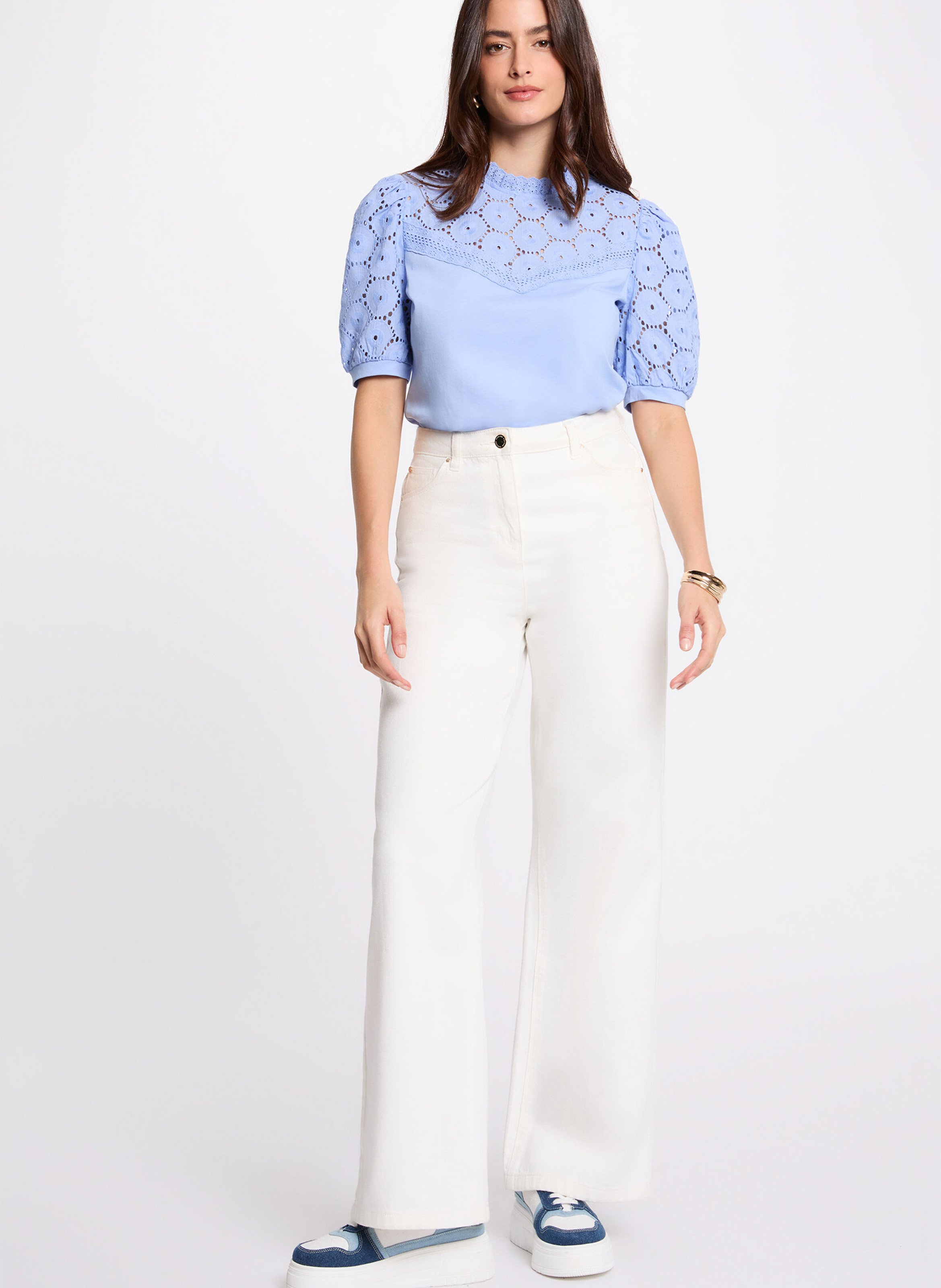 Baumwolltop mit Stehkragen - bestickt Blau