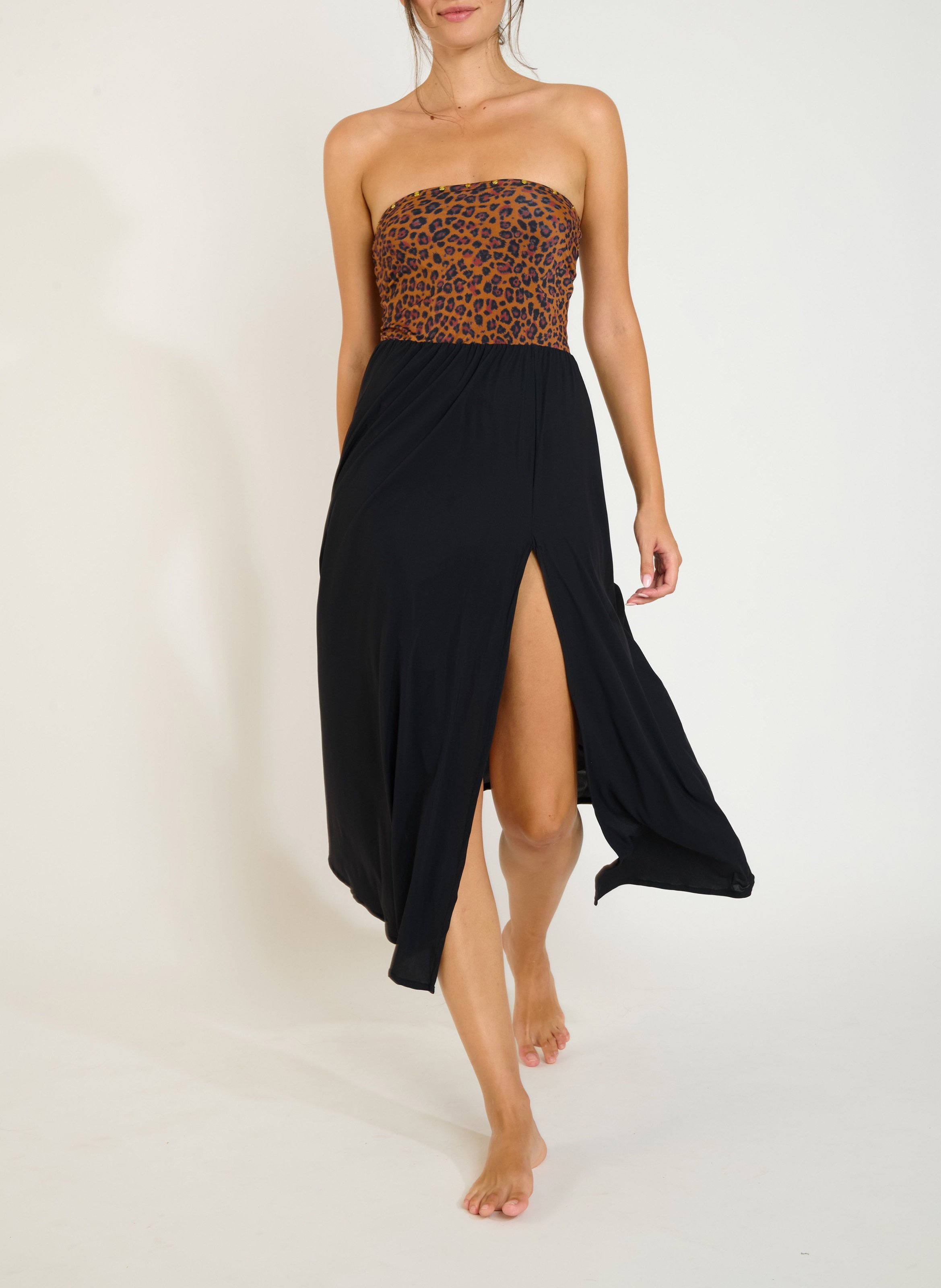Robe midi bustier léopard  BANANA MOON Marron