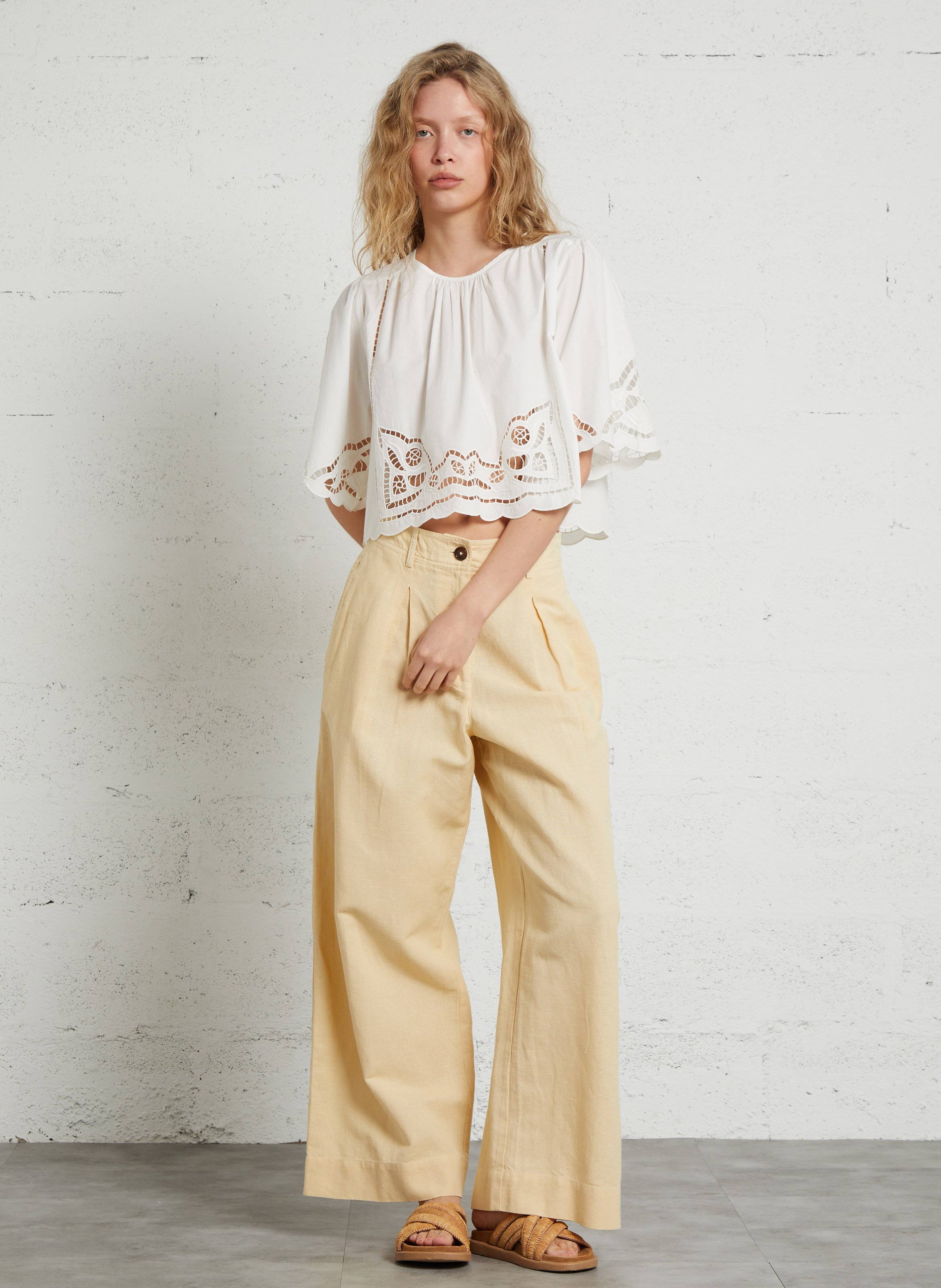 Loose-fitting round neck top with openwork embroidery in organic cotton LOUISE MISHA White