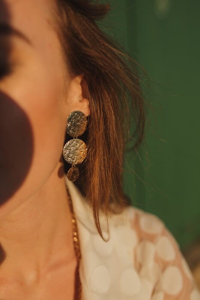 Hammered Silver Plated Round Drop Stud Earrings MONSIEUR SIMONE Golden