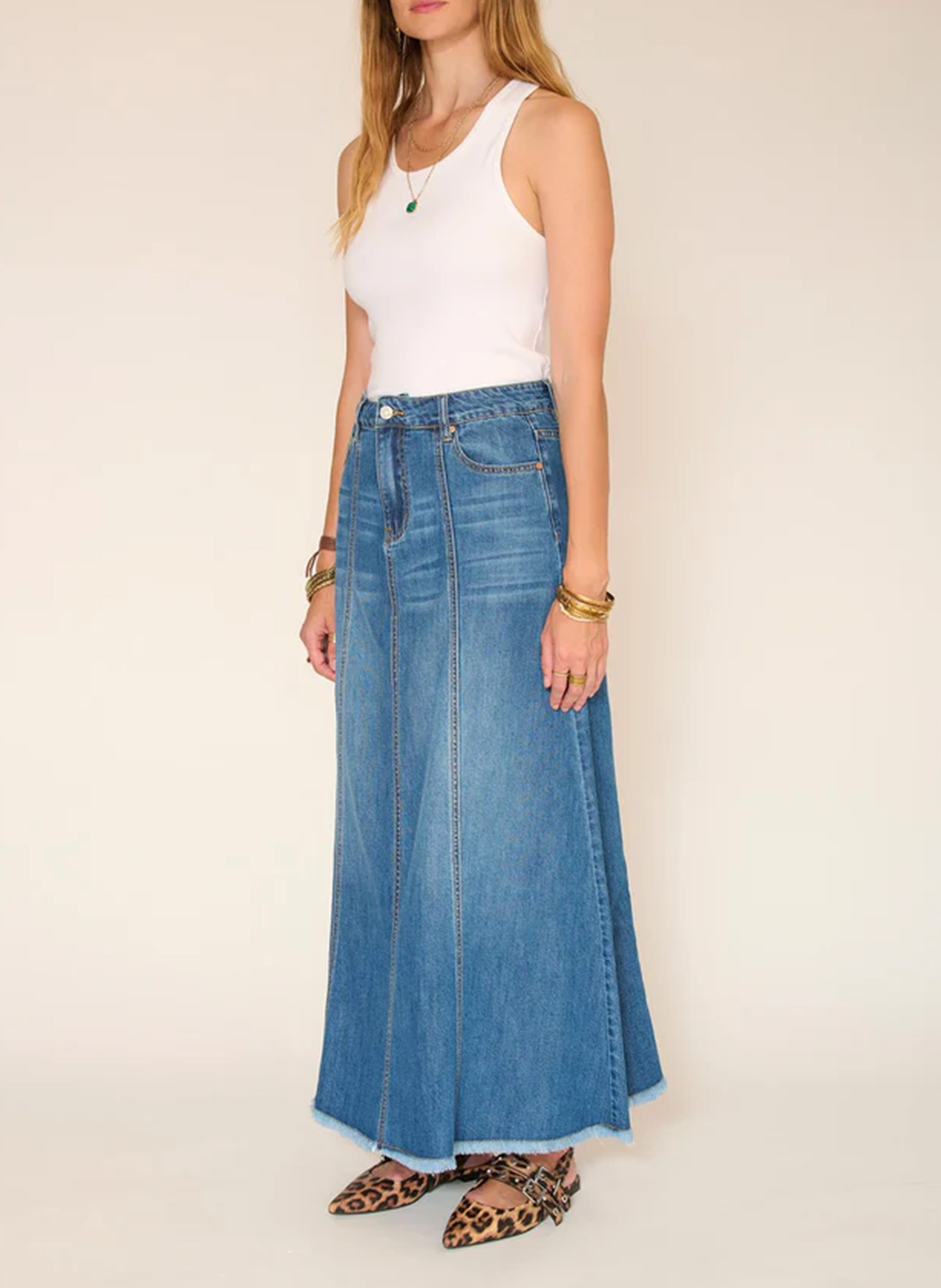 Jupe longue évasée en coton mélangé MKT Bleu