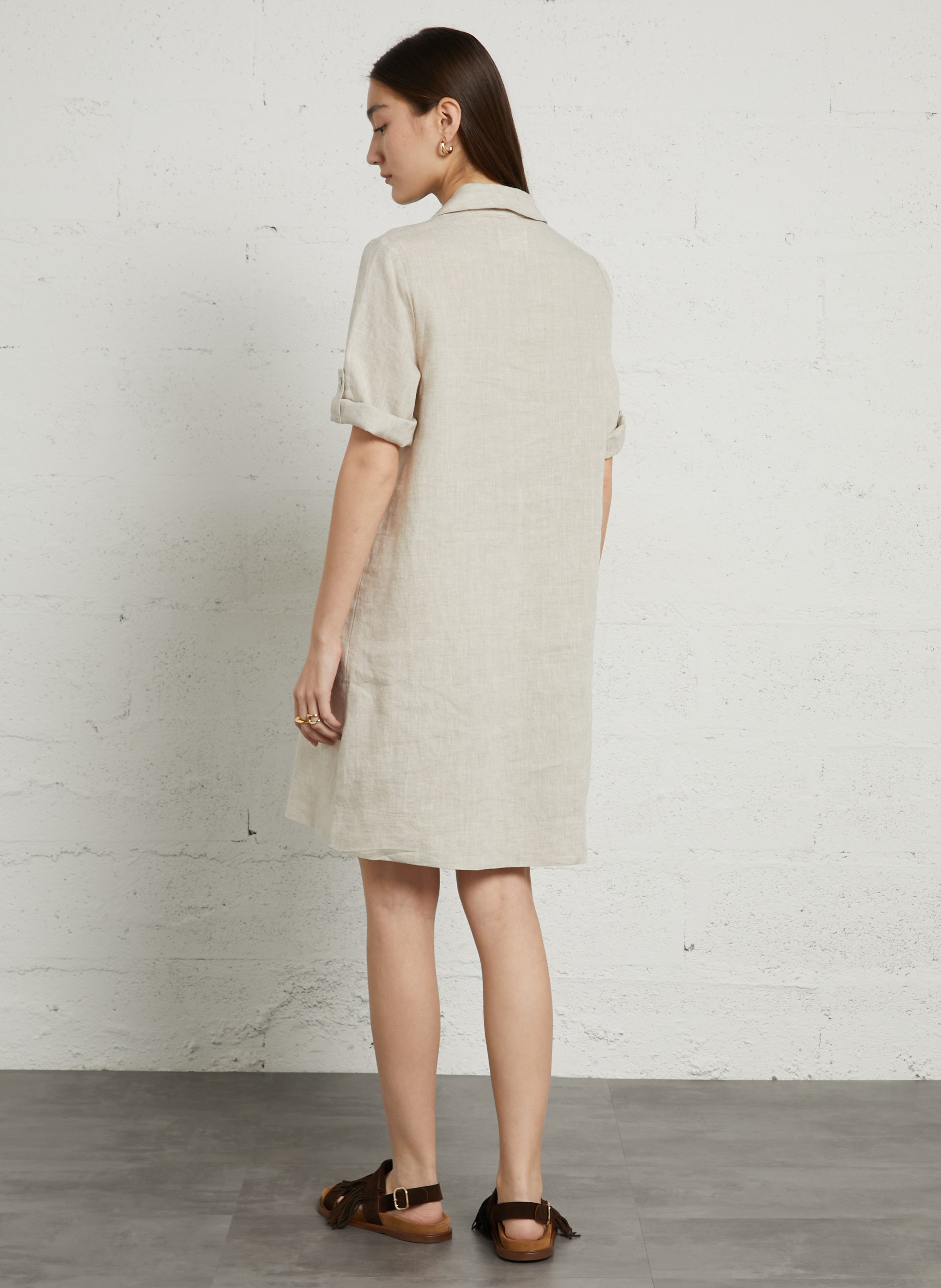 V-neck linen midi dress SUD EXPRESS Beige