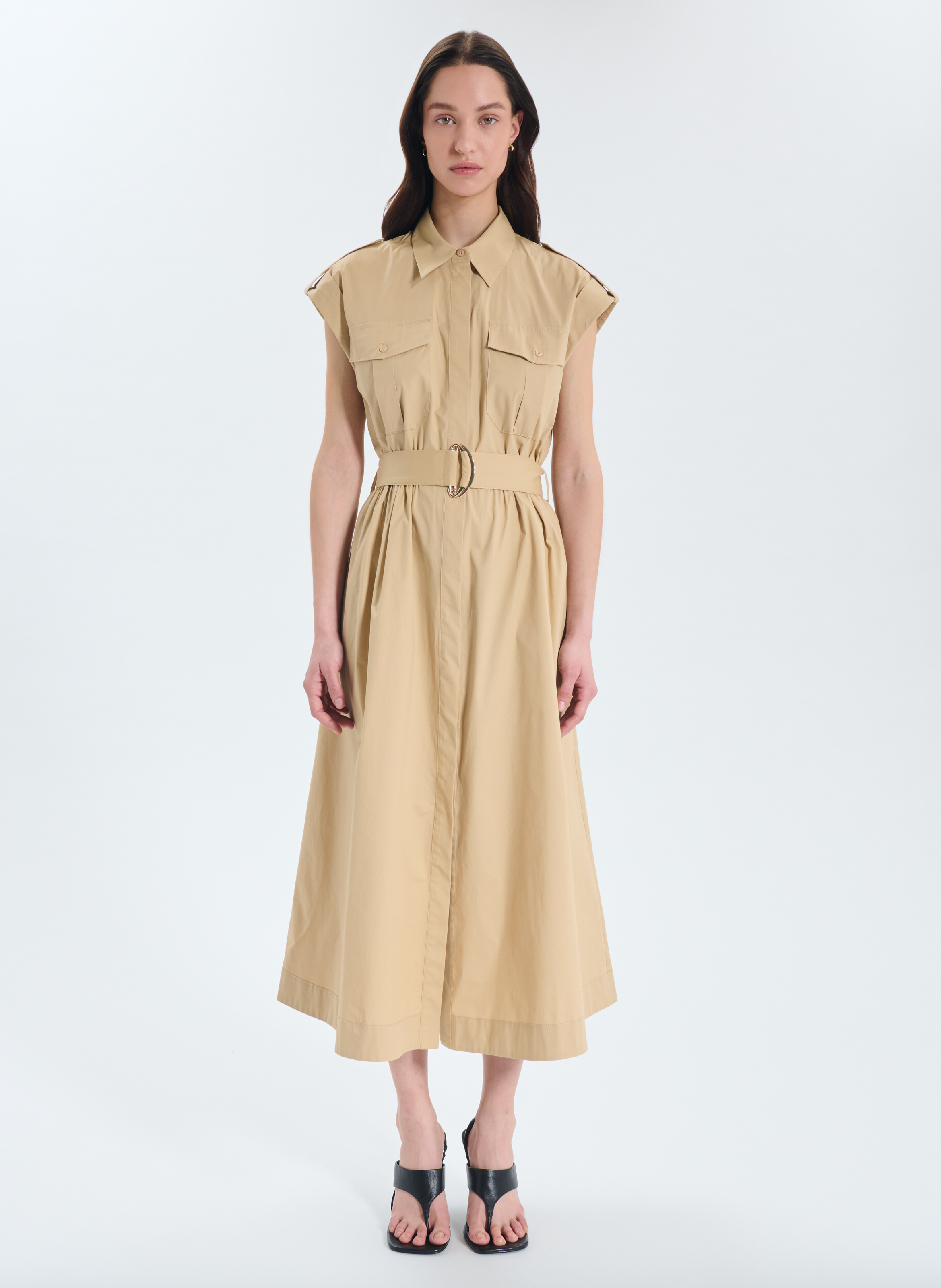 Long dress with classic collar in blended cotton ZAPA Beige