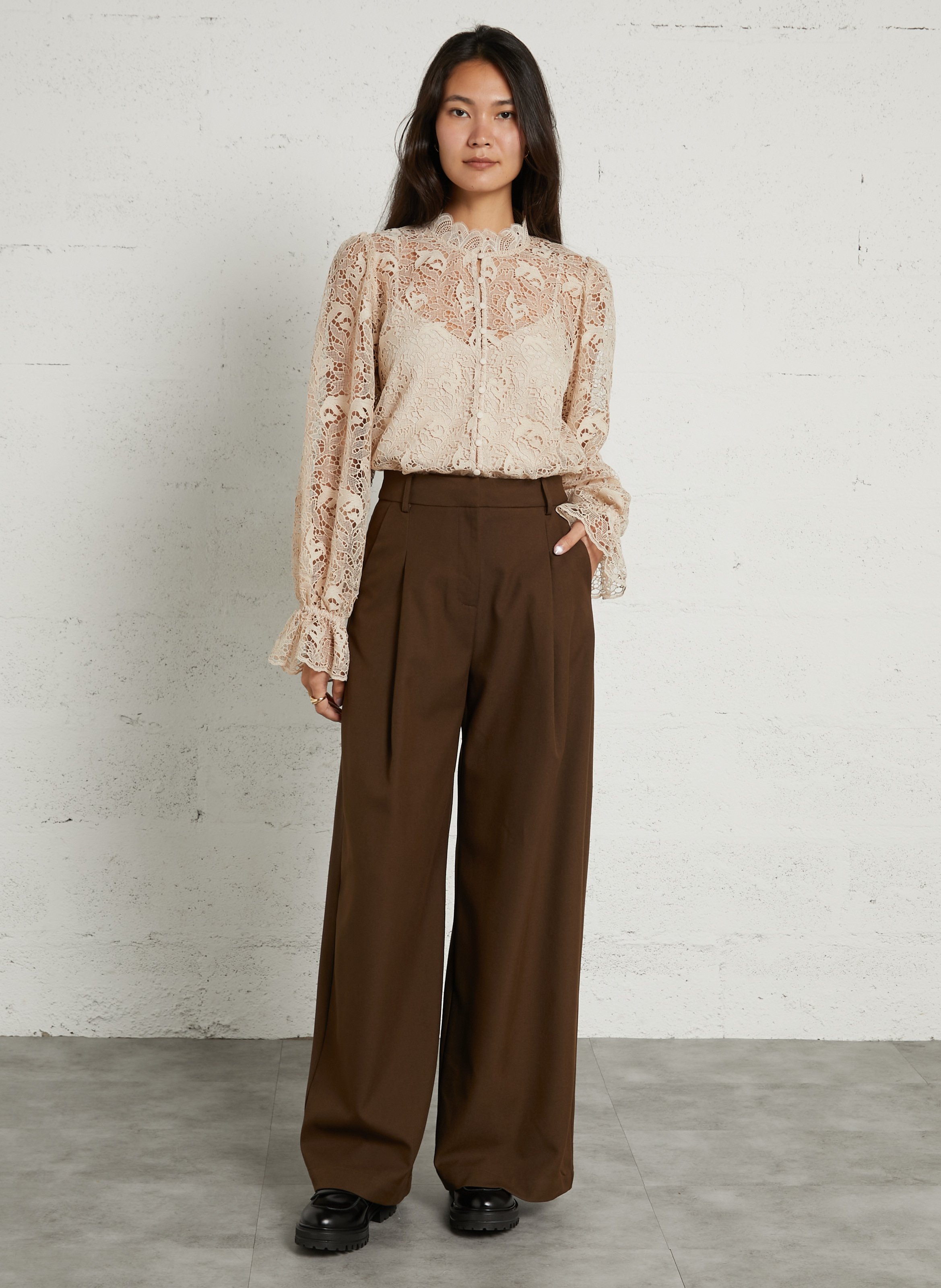 Pantalon large taille haute SUNCOO Marron