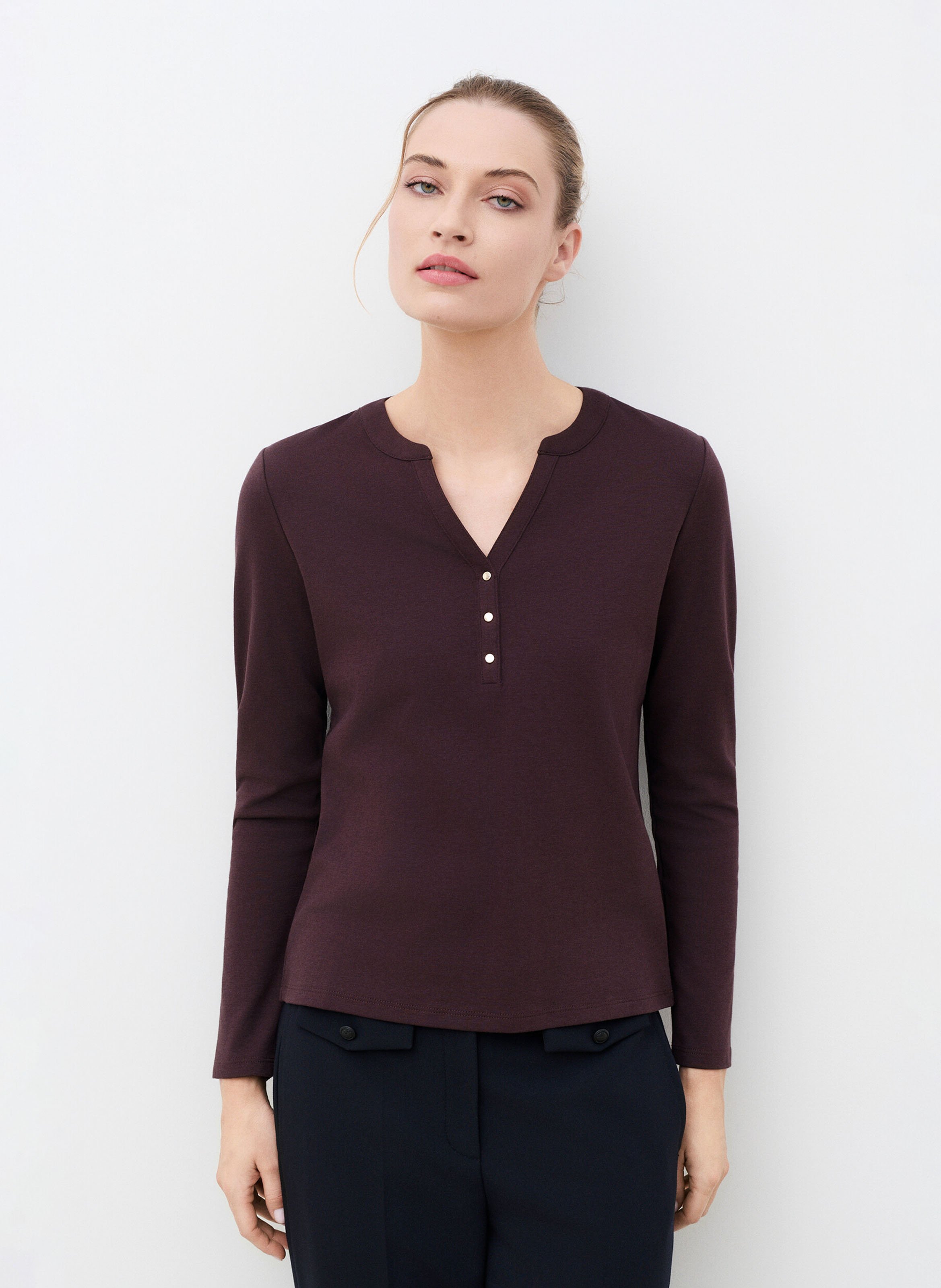 T-shirt met rechte tuniek kraag in effen kleur CAROLL