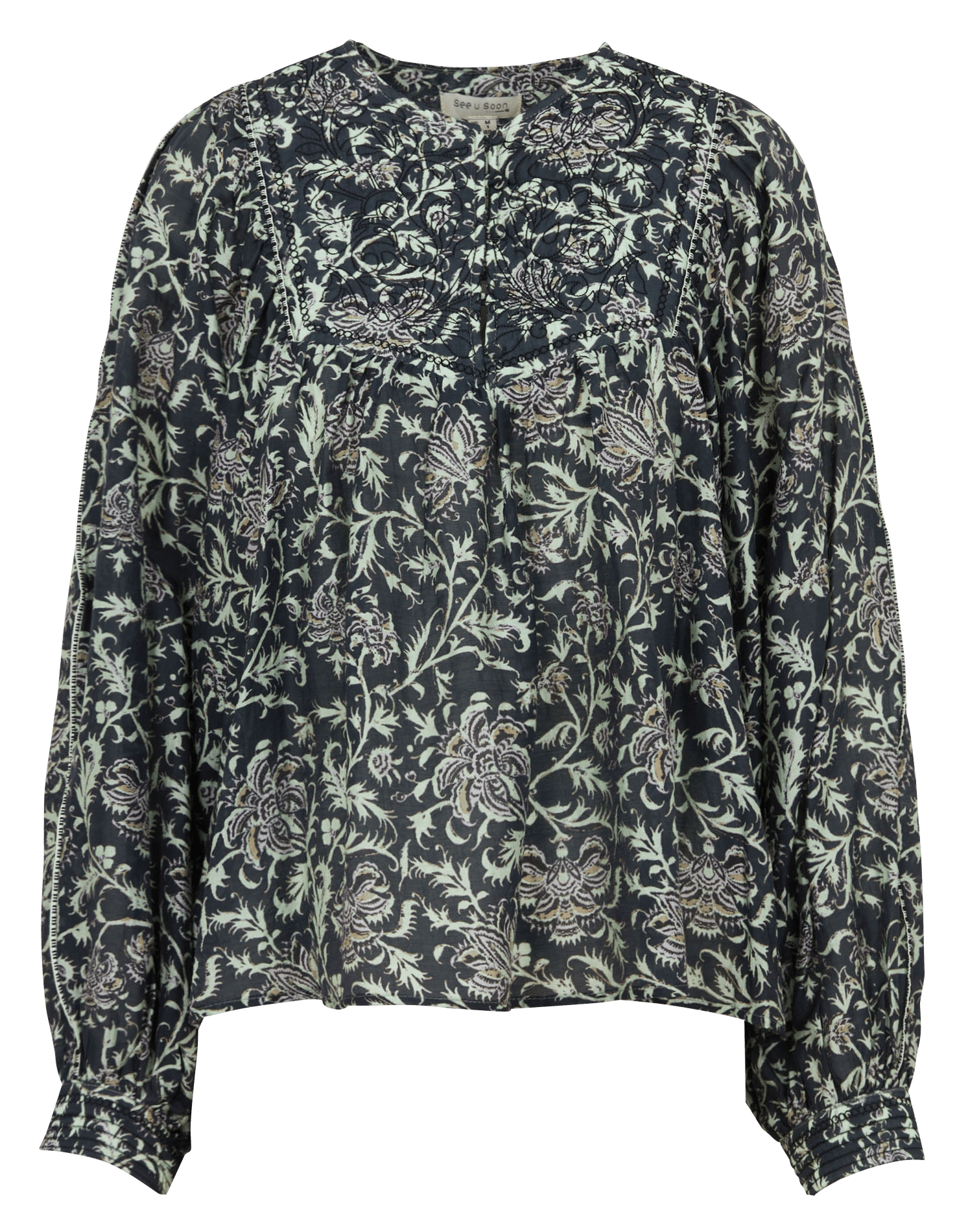 Rundhalsausschnitt Bluse mit Print SEE U SOON Schwarz