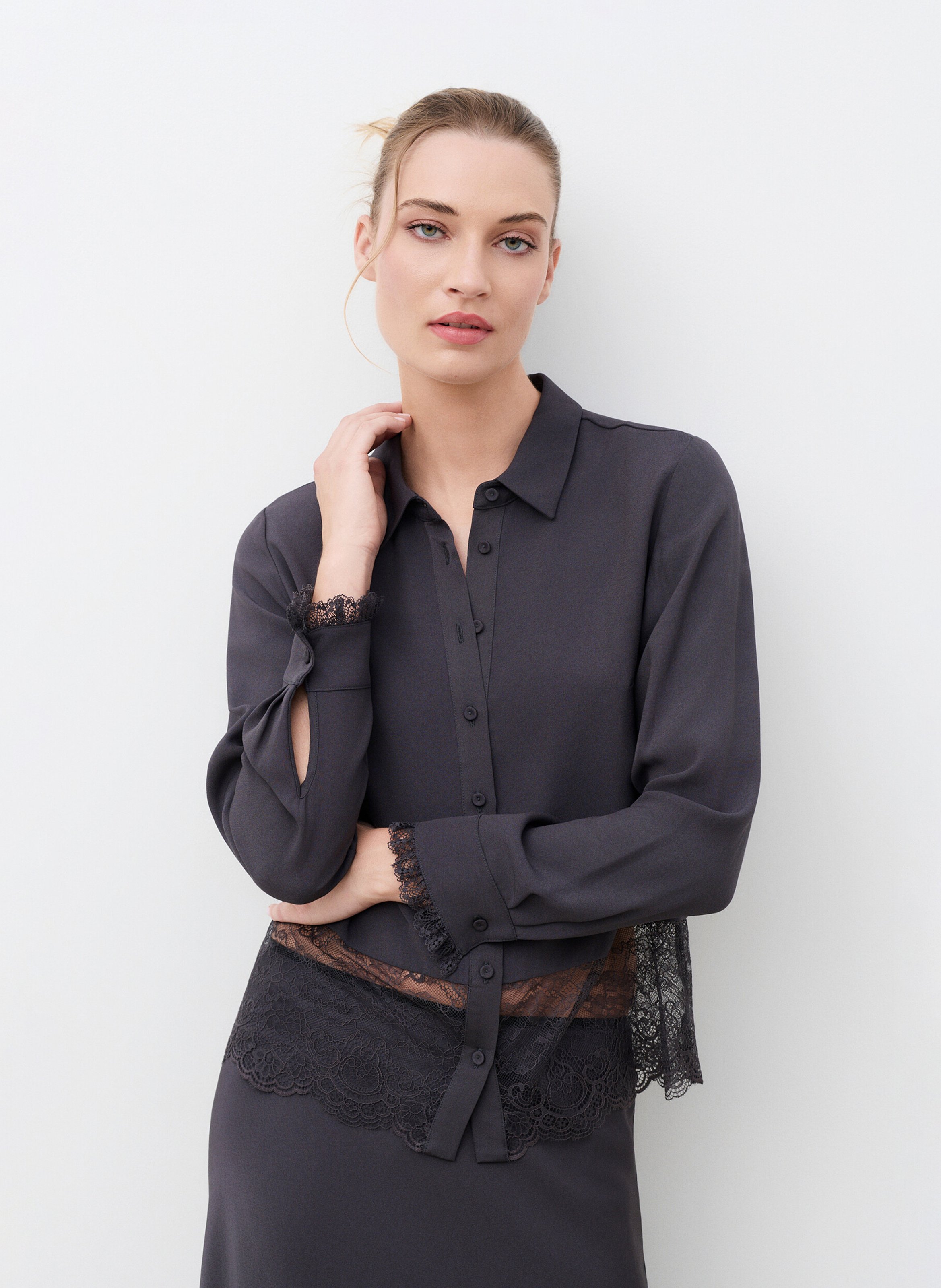 Solid Straight Shirt with Lace CAROLL Grey