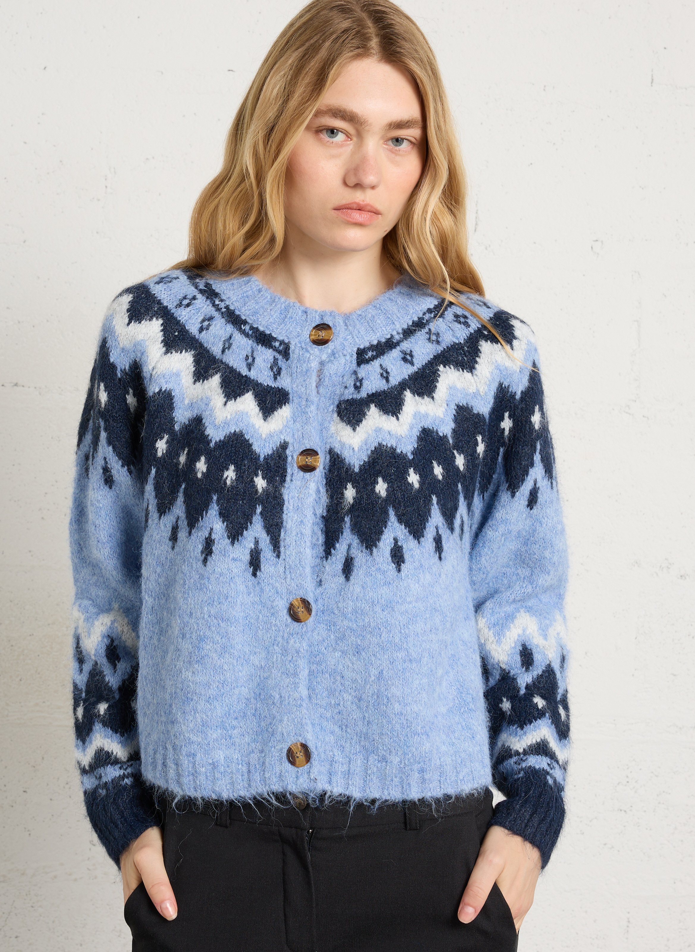 Weiter Cardigan mit Rundhalsausschnitt und Print THE KORNER Blau