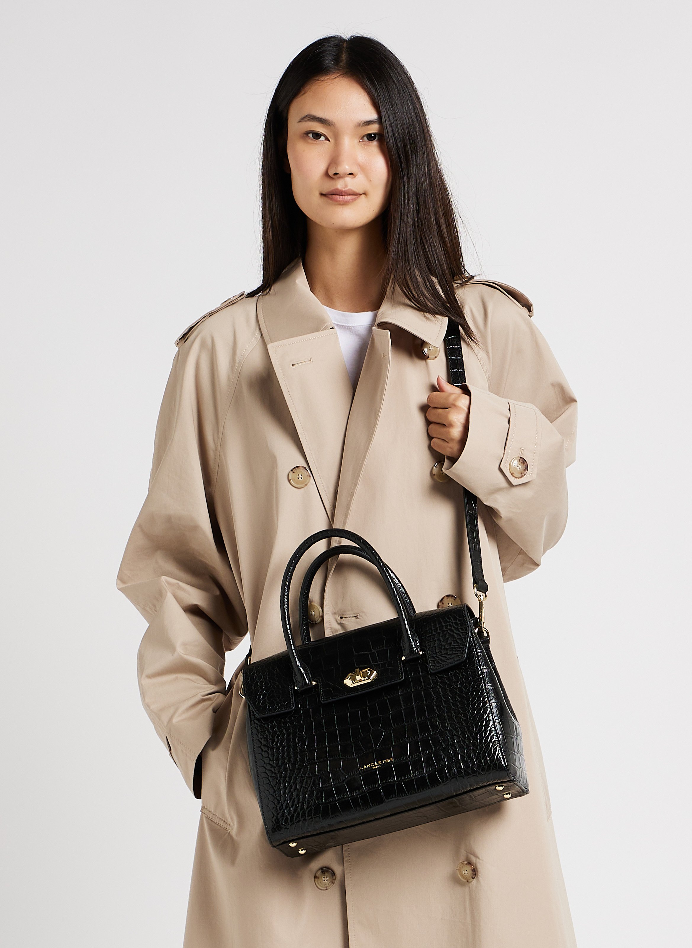 Croco embossed leather tote bag Black