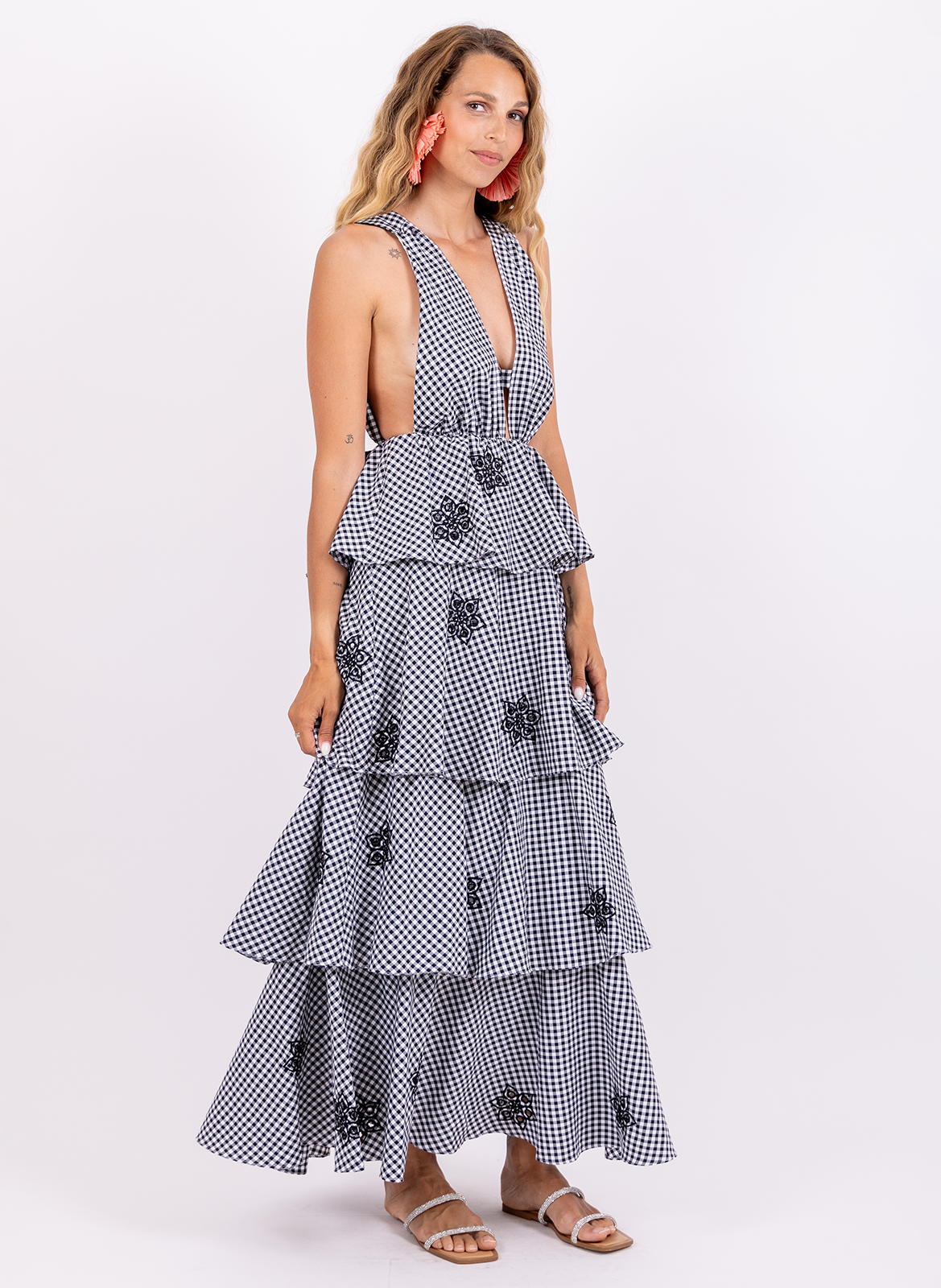 Robe longue vichy à volants SUNDRESS Noir