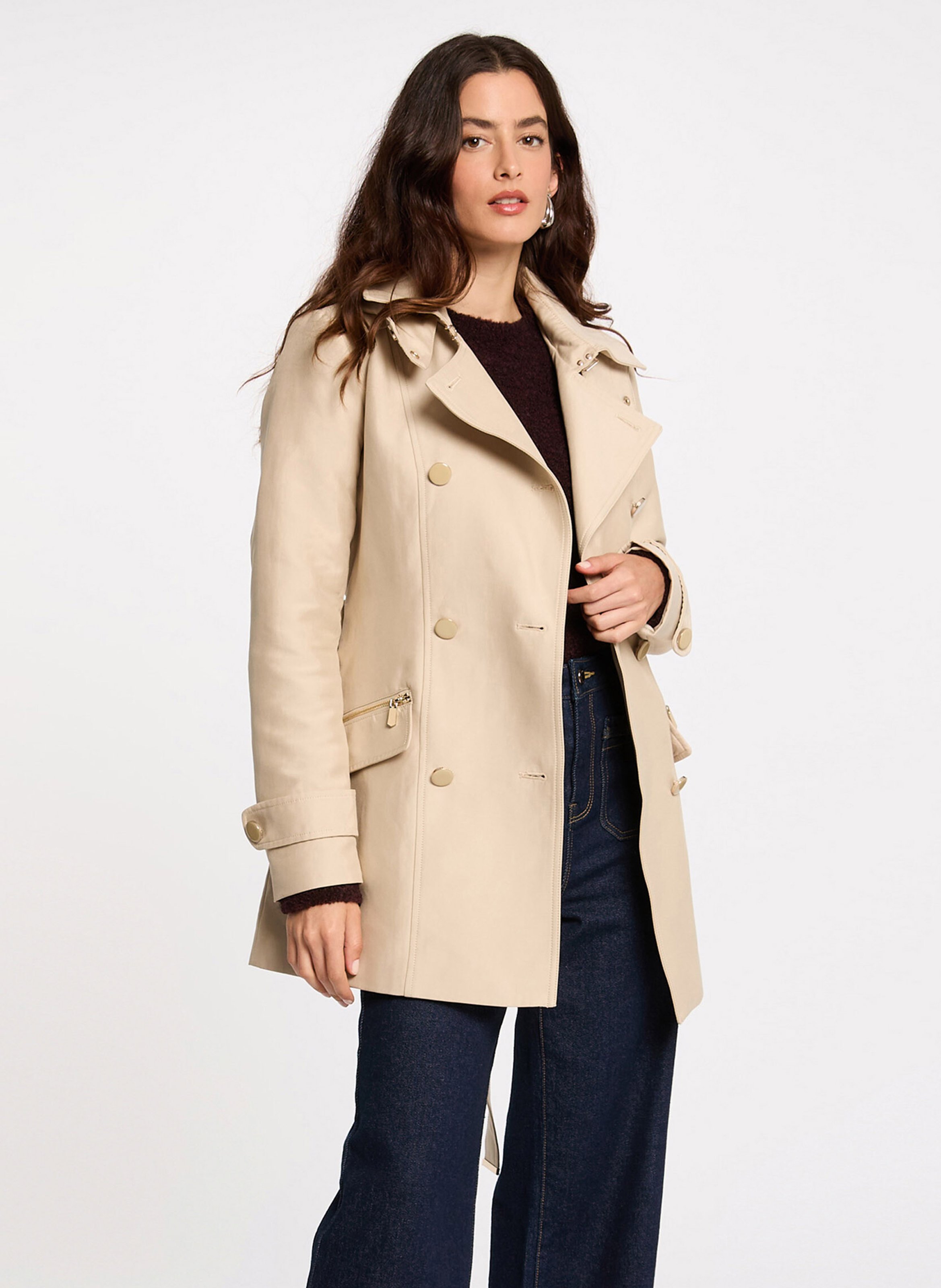 Fitted hooded trench coat with lapels MORGAN Beige