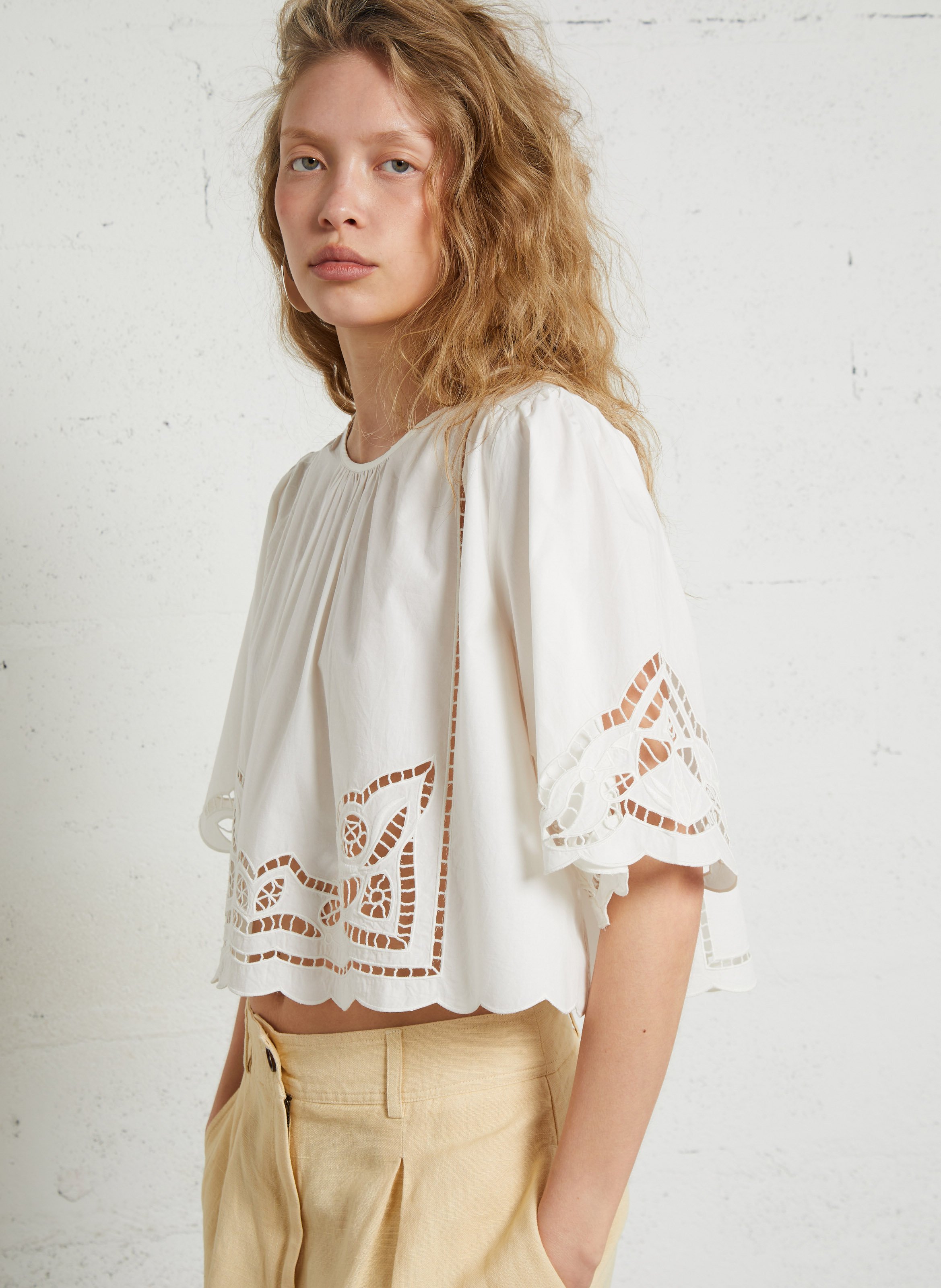 Loose-fitting round neck top with openwork embroidery in organic cotton LOUISE MISHA White