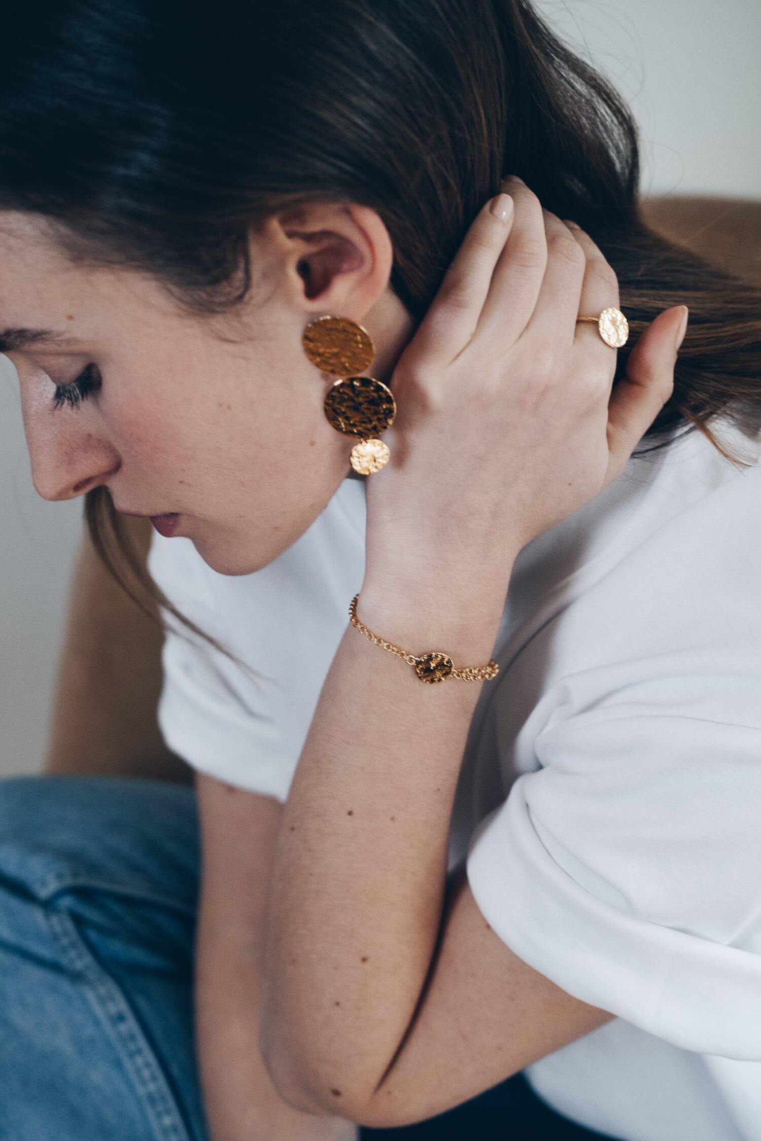 Hammered Silver Plated Round Drop Stud Earrings MONSIEUR SIMONE Golden