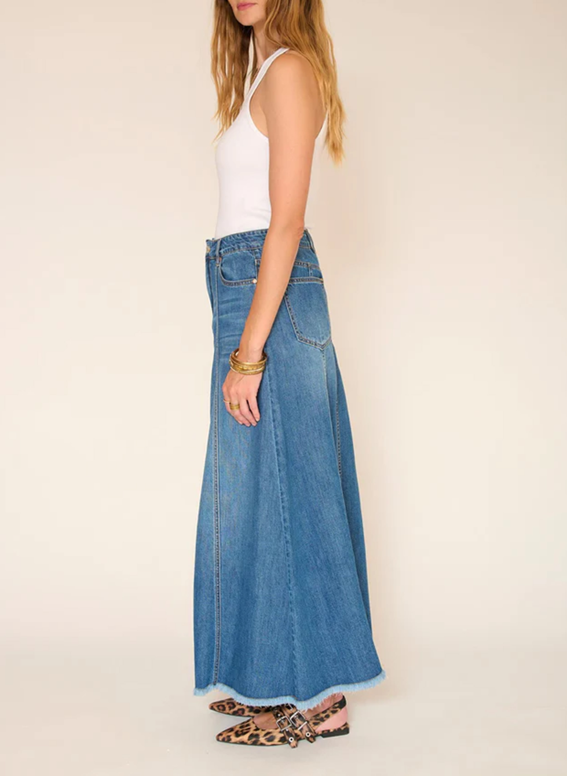 Jupe longue évasée en coton mélangé MKT Bleu