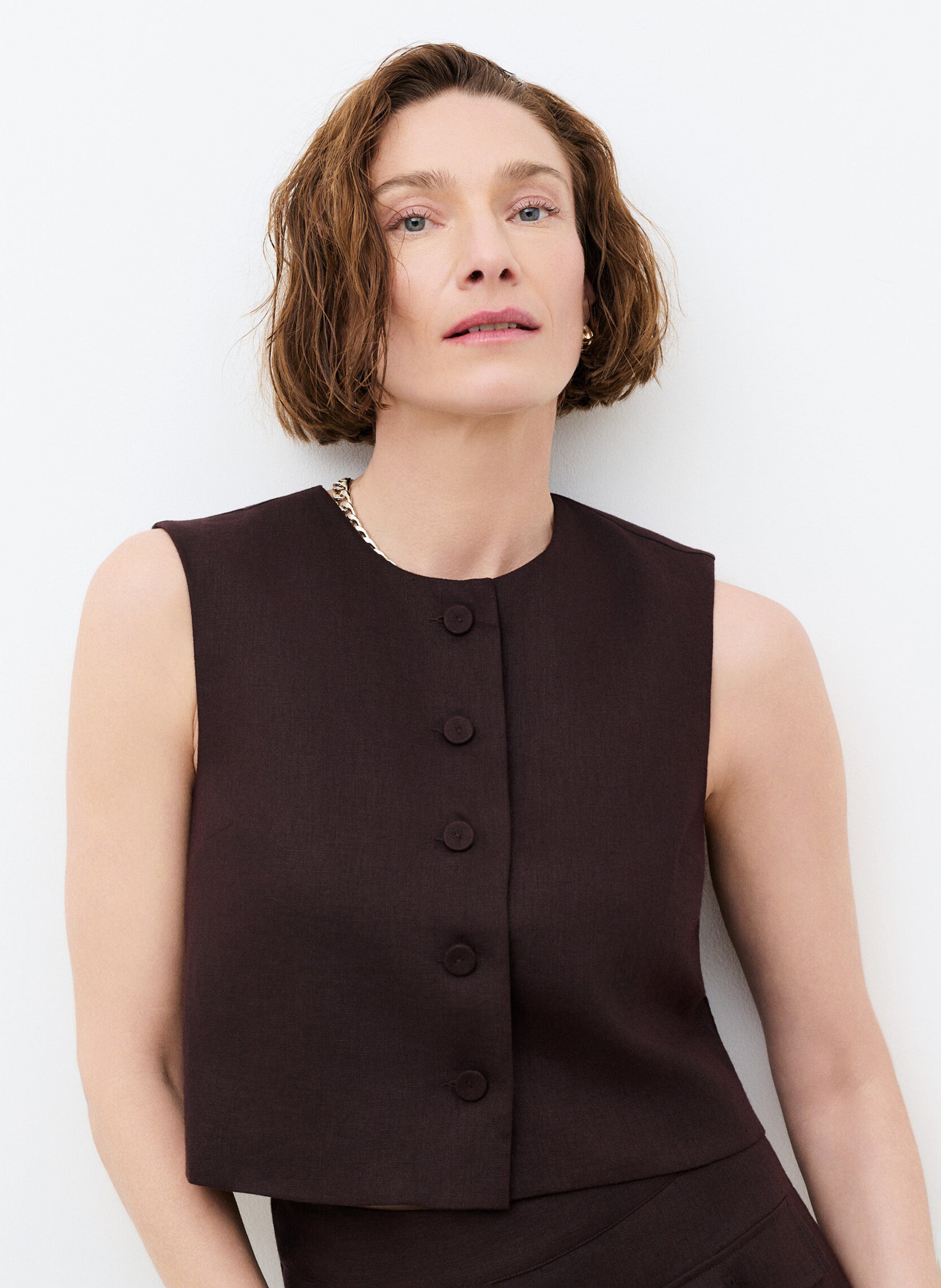 Top col rond en lin CAROLL Marron