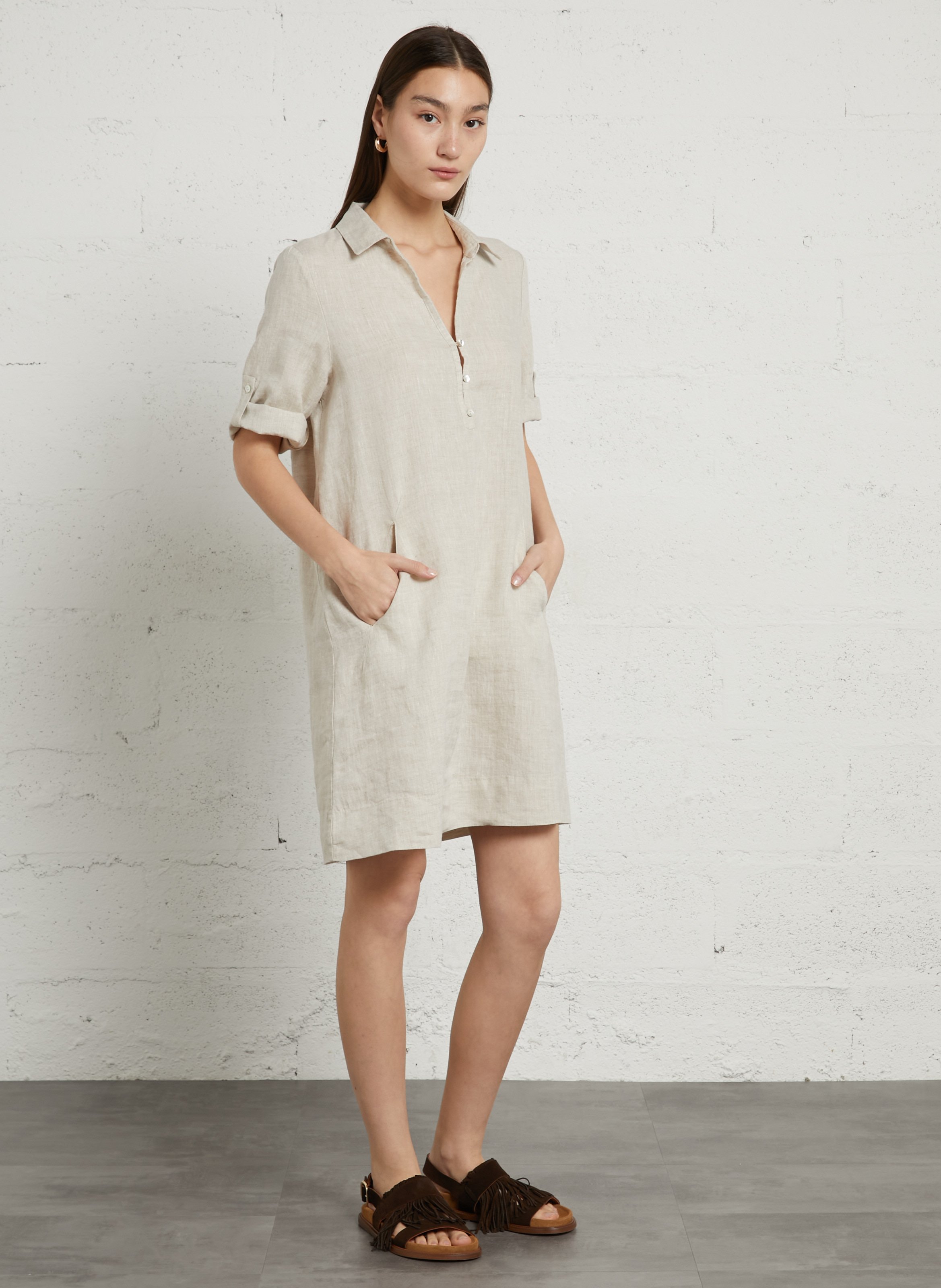 V-neck linen midi dress SUD EXPRESS Beige