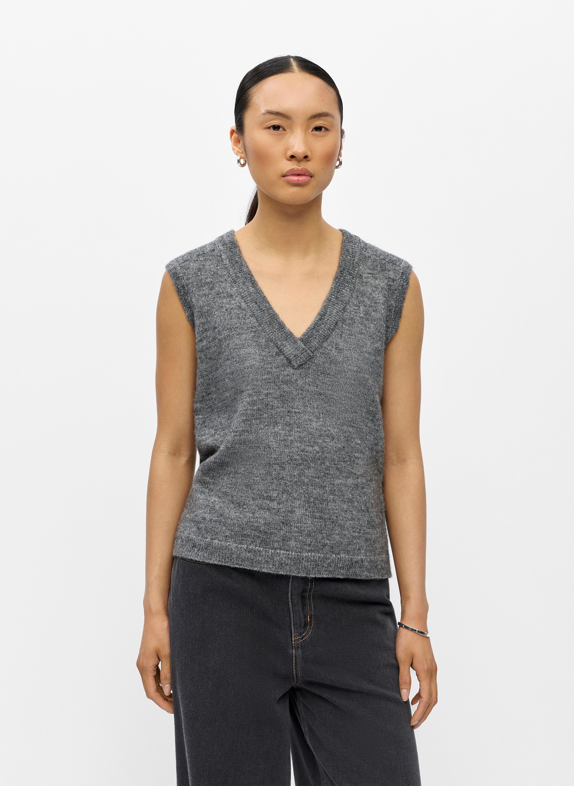 Pull droit col V en maille OBJECT Gris