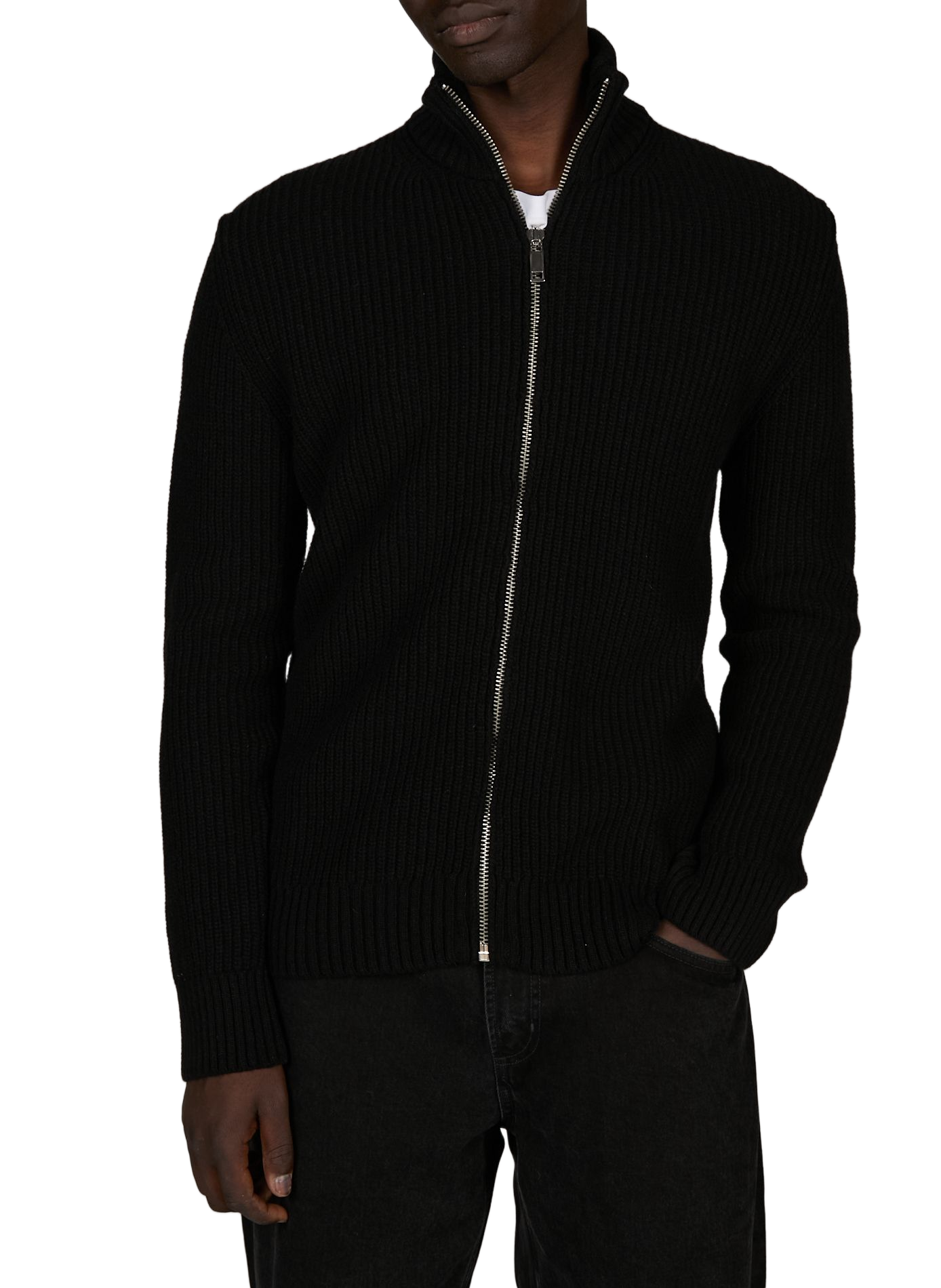 Wool blend high-neck gefil knit cardigan. AU PRINTEMPS PARIS Black