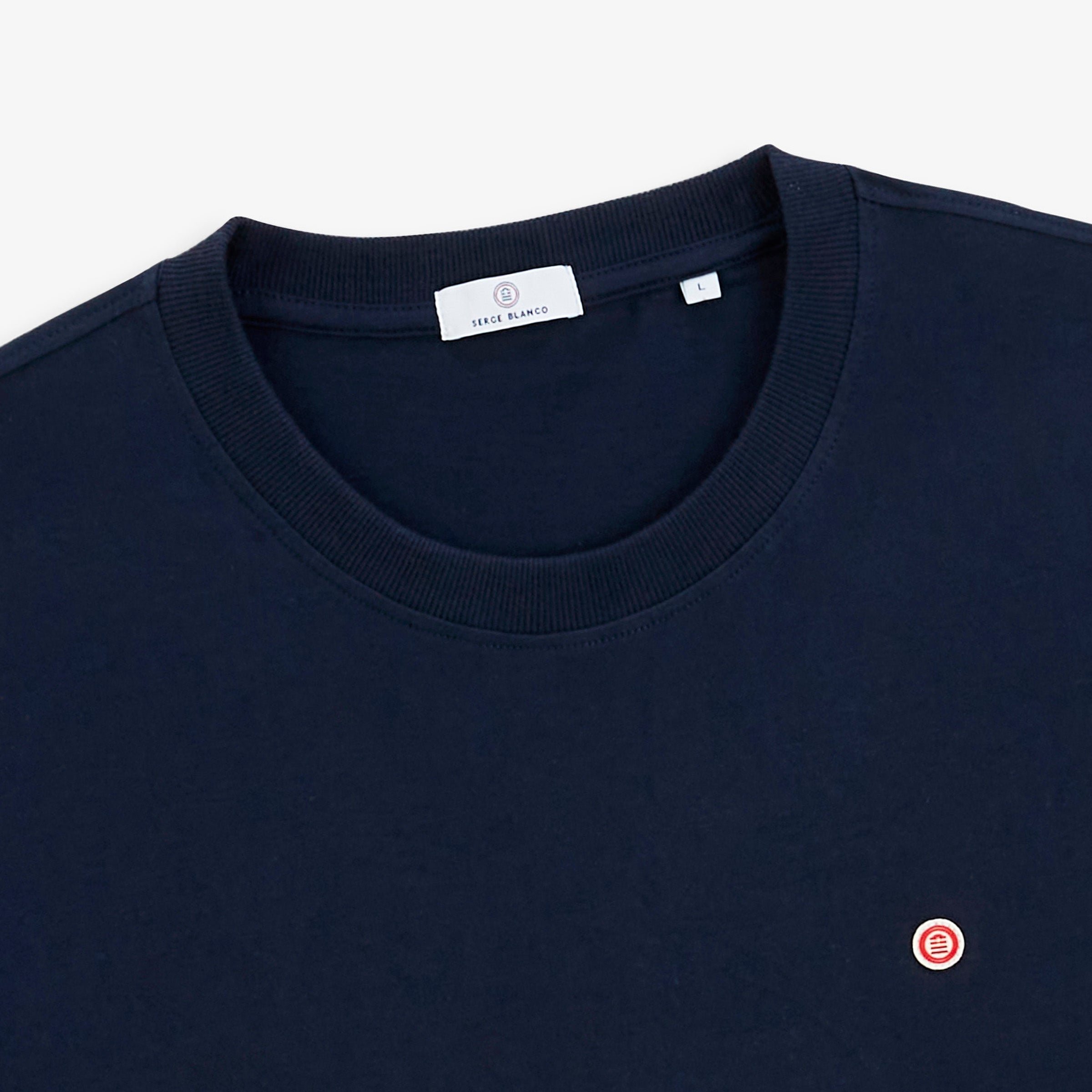 Short-sleeved T-shirt with THÉO print on the back by Serge Blanco in navy blue. SERGE BLANCO Blue