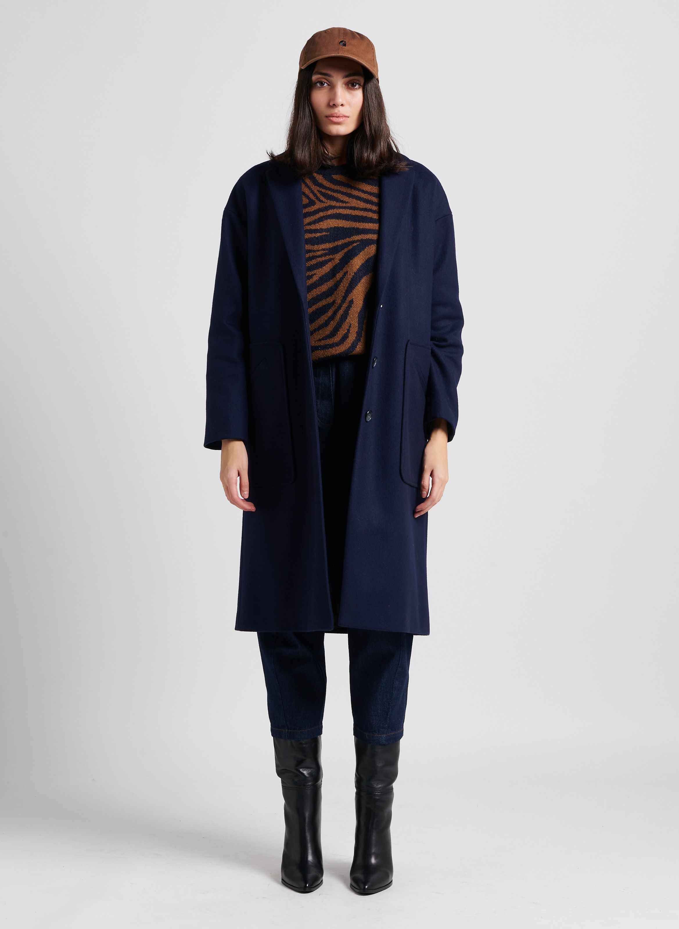 Blue Long wool blend coat with tailored collar