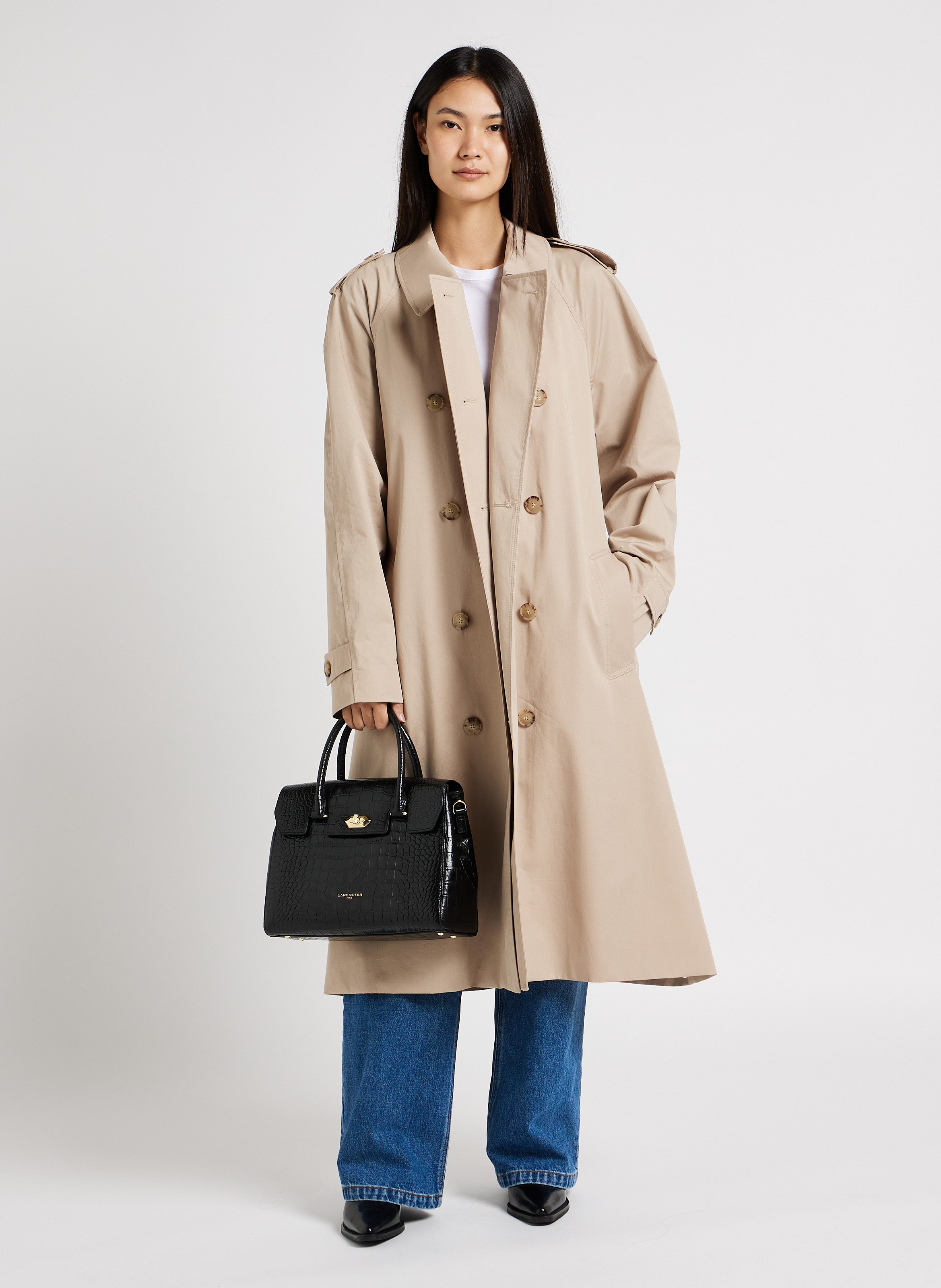 Croco embossed leather tote bag Black