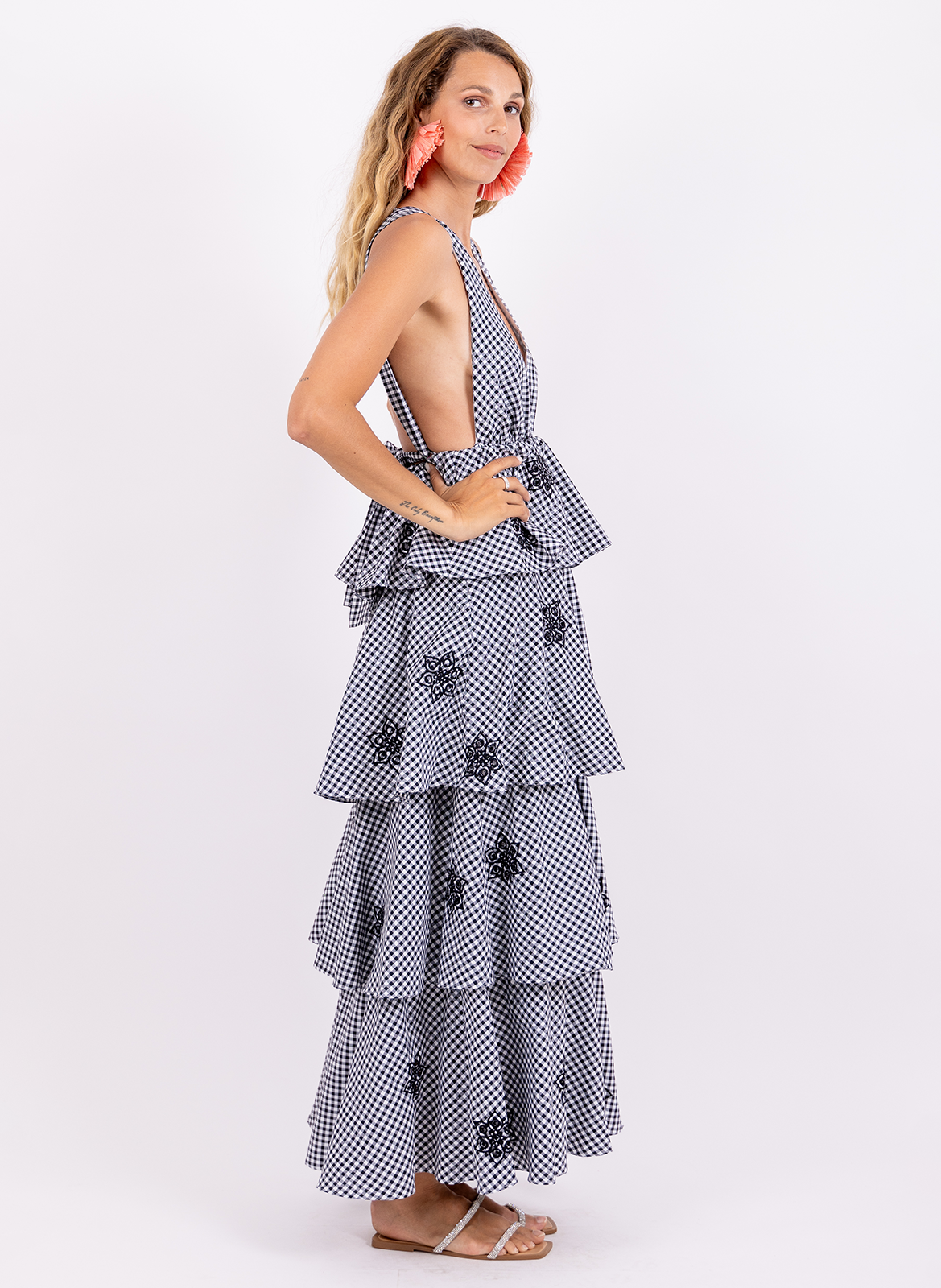 Robe longue vichy à volants SUNDRESS Noir