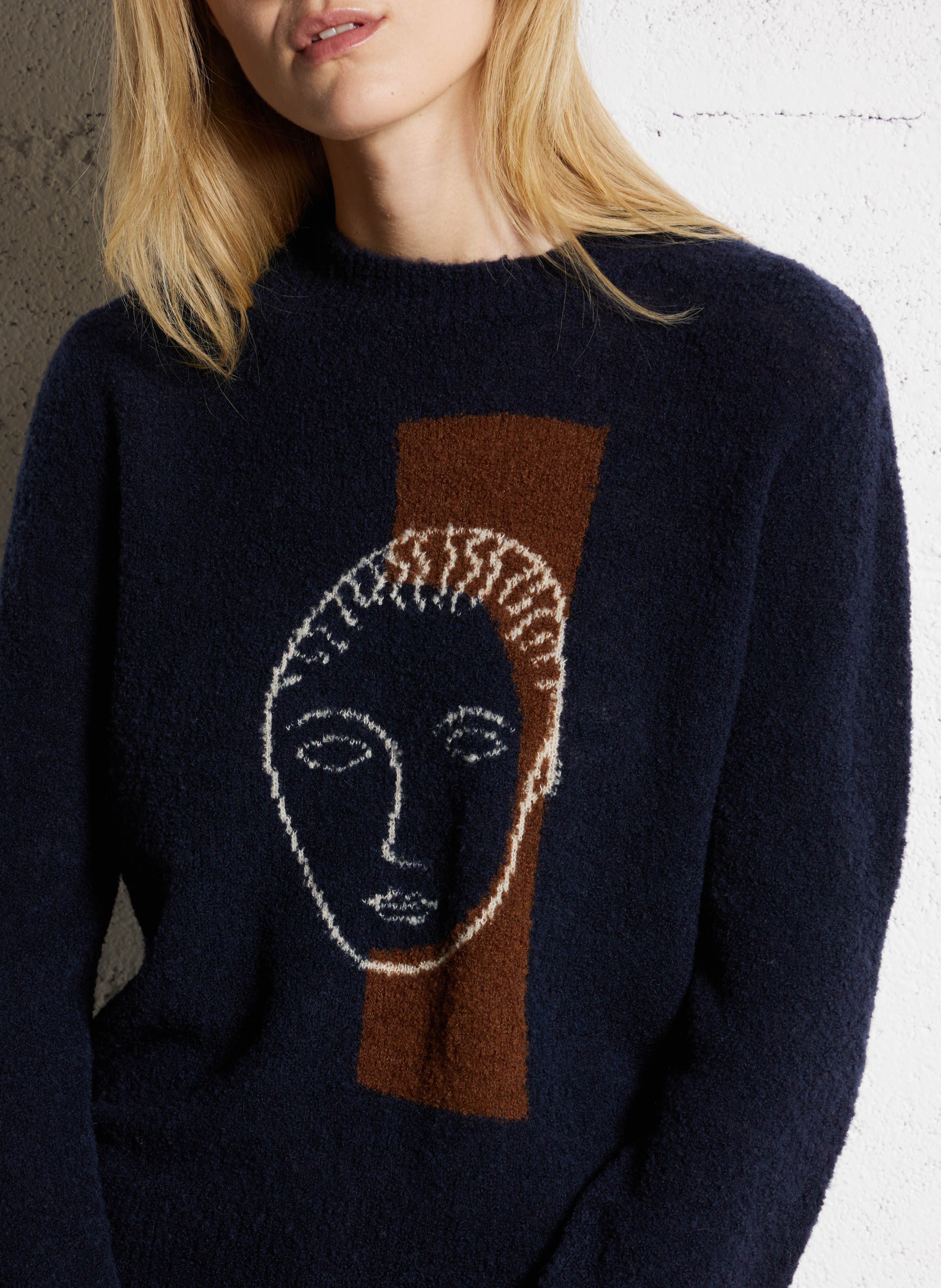 Pull droit col rond jacquard en laine mélangée NICE THINGS Bleu