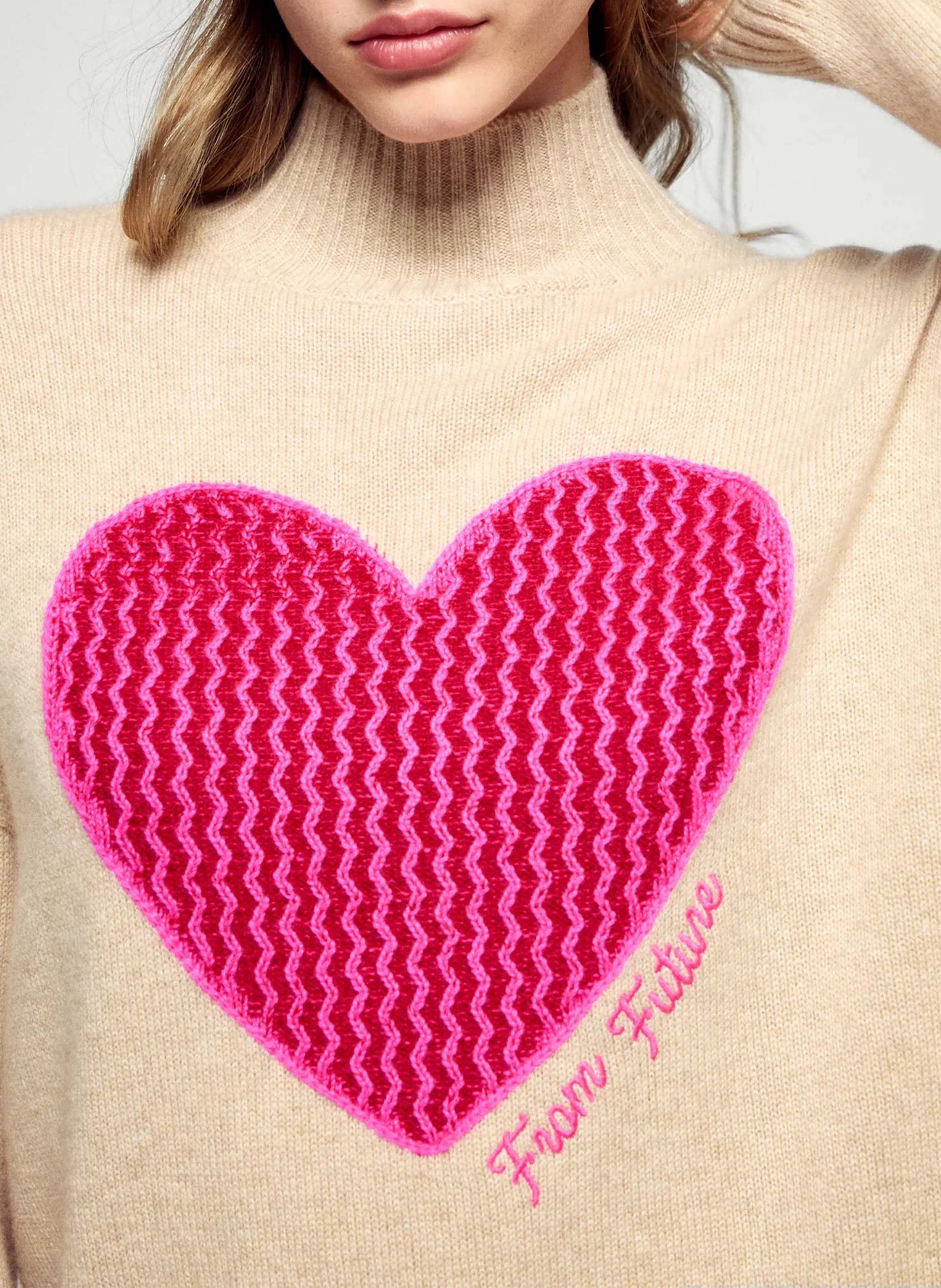 Oversized turtleneck cashmere sweater with embroidery FROM FUTURE Beige