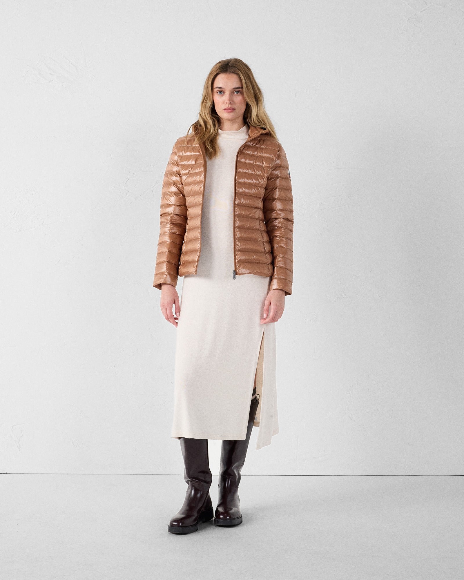 Shiny hooded light down jacket Cloe JOTT Brown