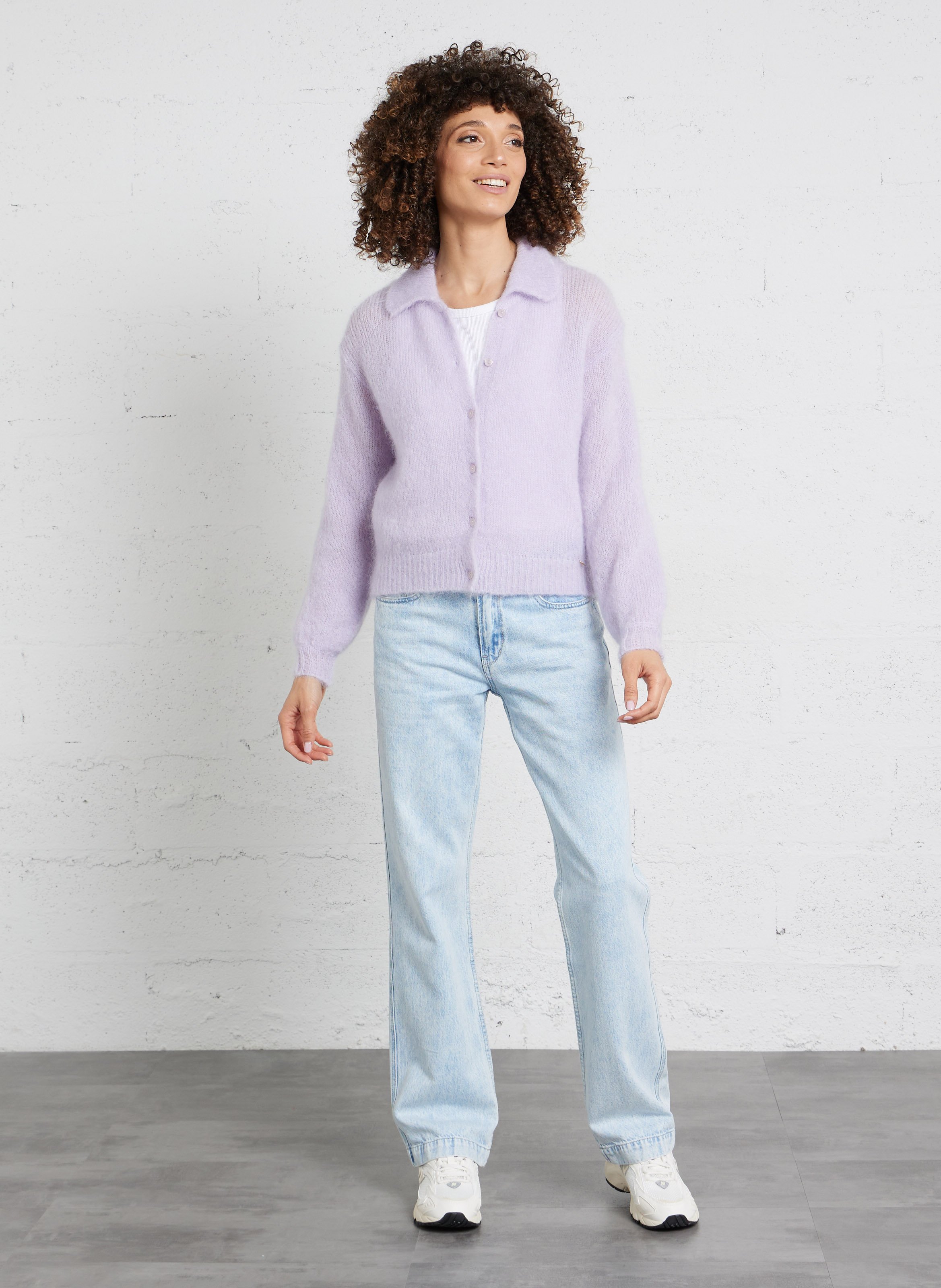 Cardigan col polo en mohair mélangé DES PETITS HAUTS Violet