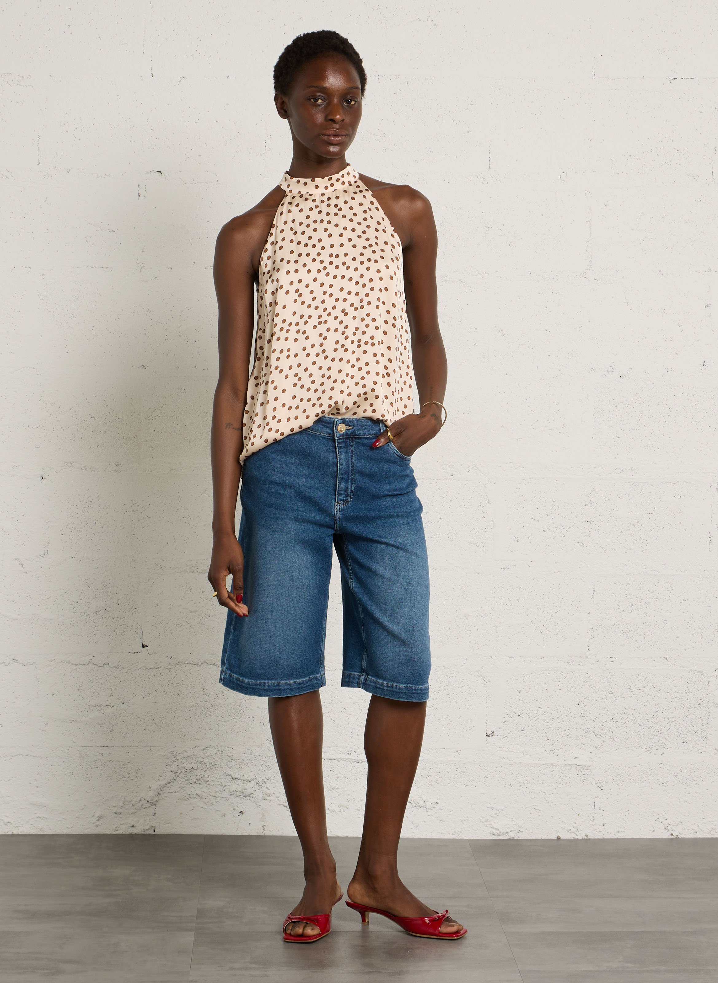 High-waisted straight Bermuda shorts in denim. | Blue MAISON 123 Women