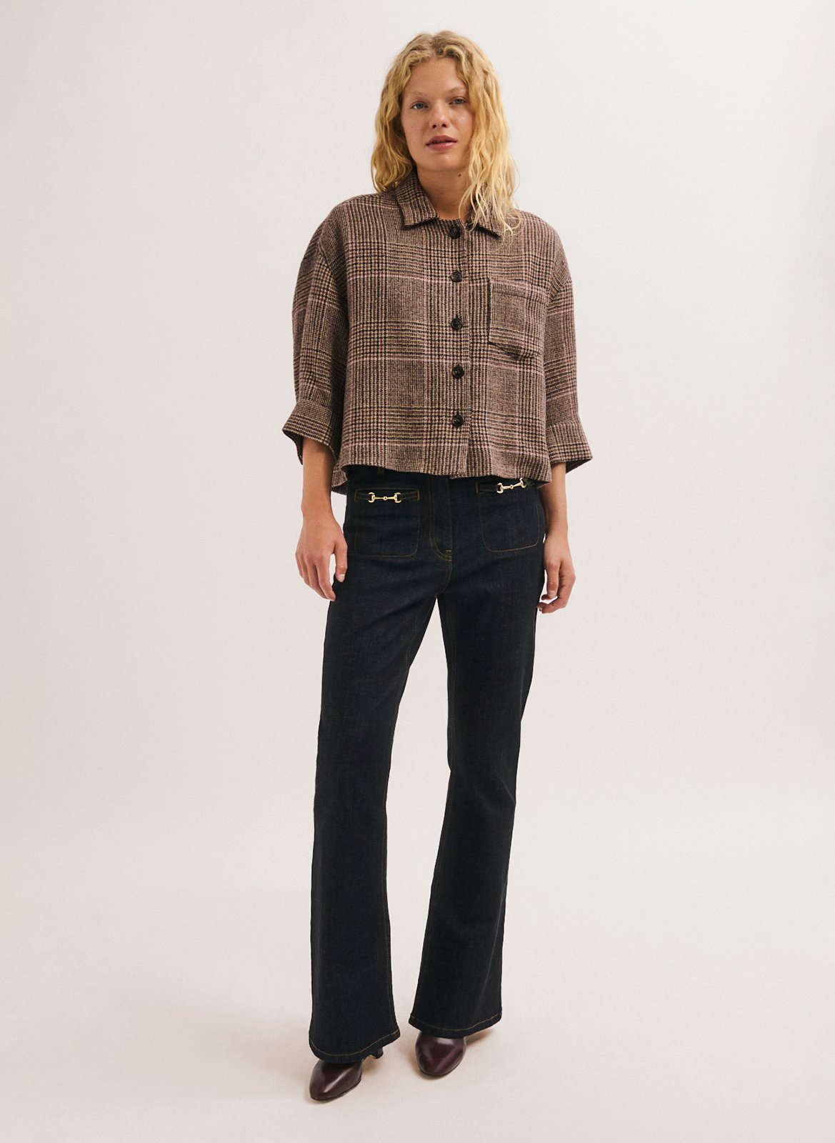 Loose fit 3/4 sleeve plaid shirt PABLO Brown