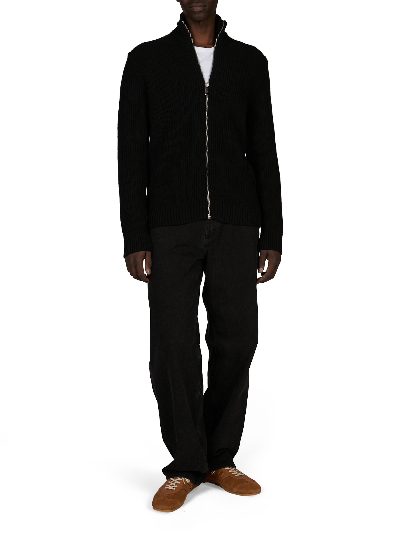 Wool blend high-neck gefil knit cardigan. AU PRINTEMPS PARIS Black