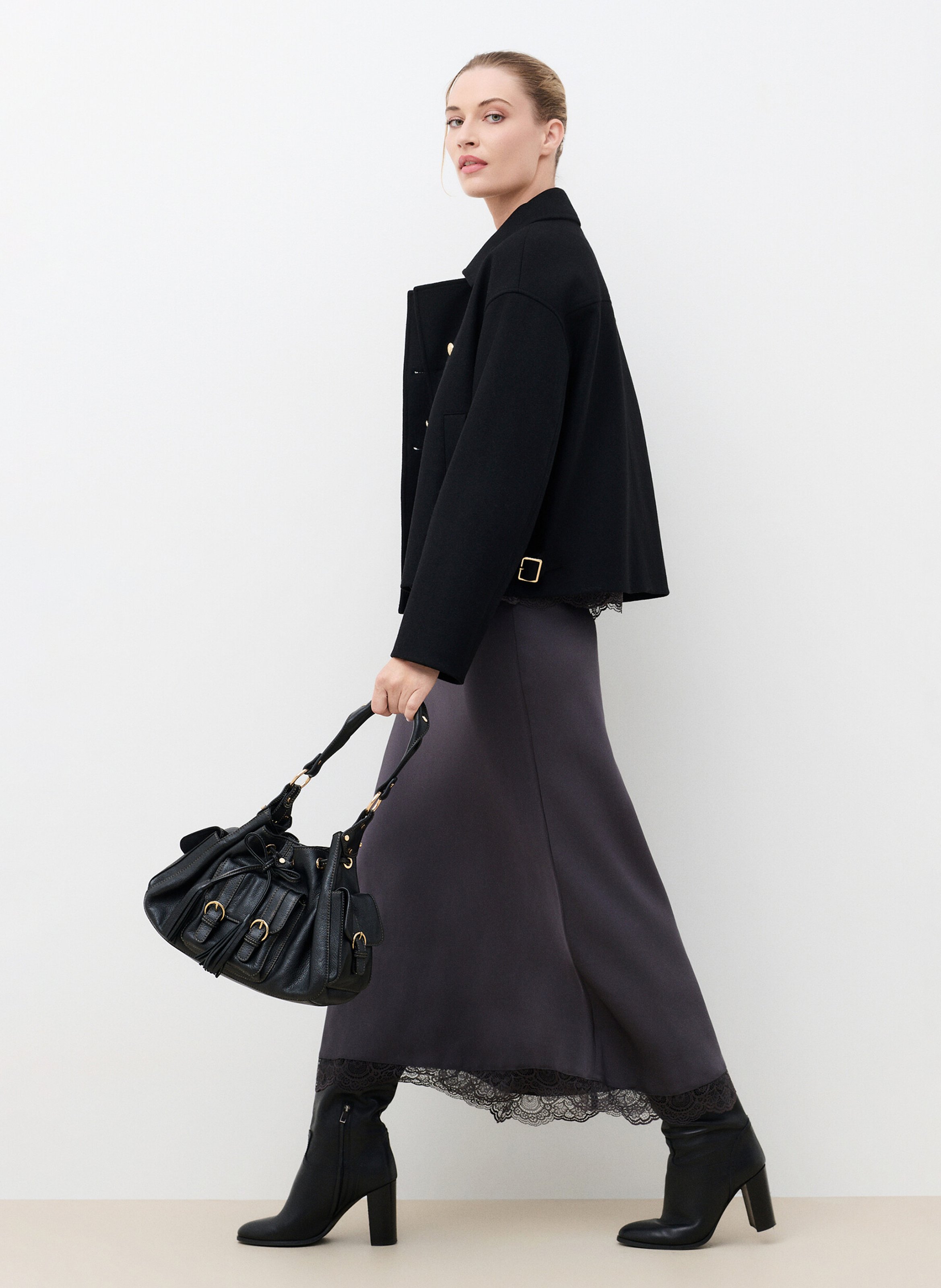 Solid long skirt with lace detail CAROLL Grey