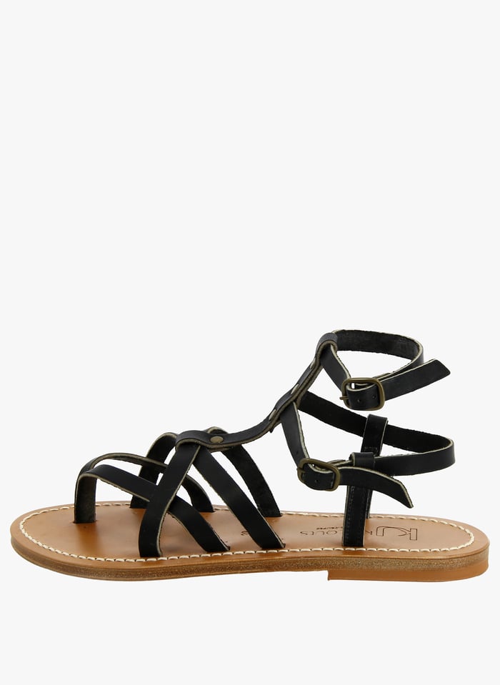 Sandales Plates Ouvertes Brides En Cuir Larissa Pul Noir Bcl