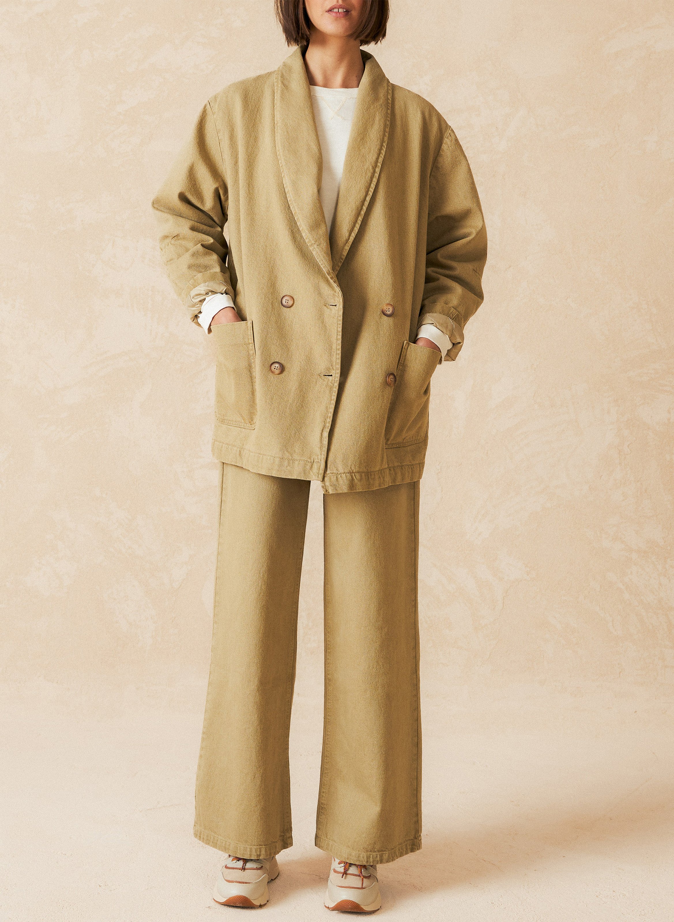 Veste ample col châle en coton et lin INDI & COLD Kaki