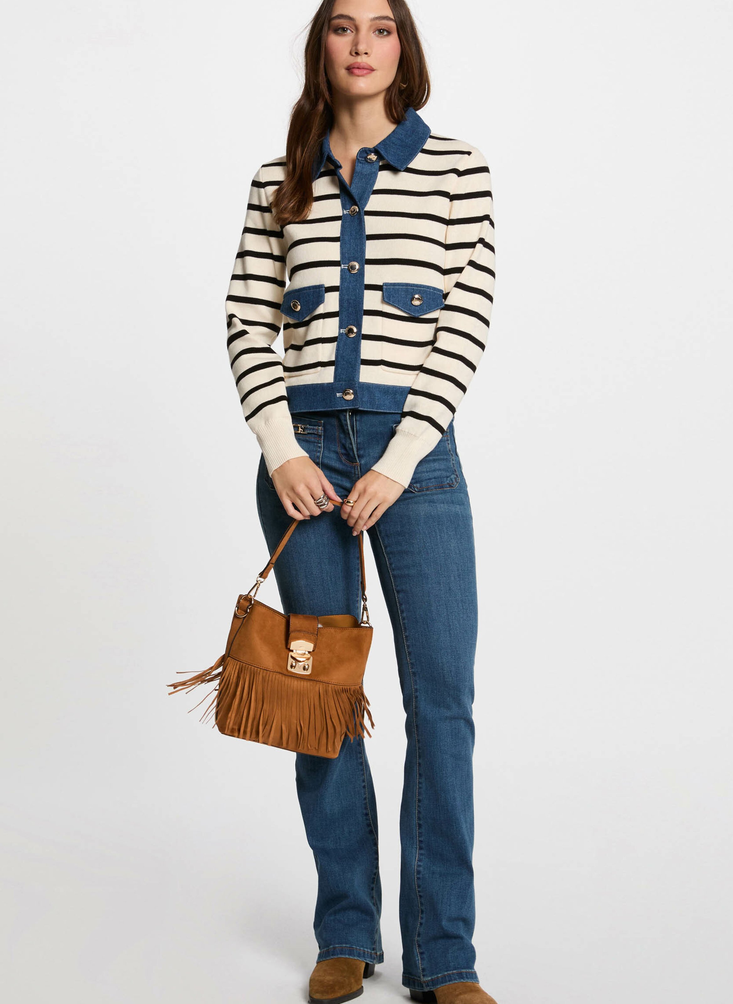 Striped fine knit cardigan MORGAN Beige
