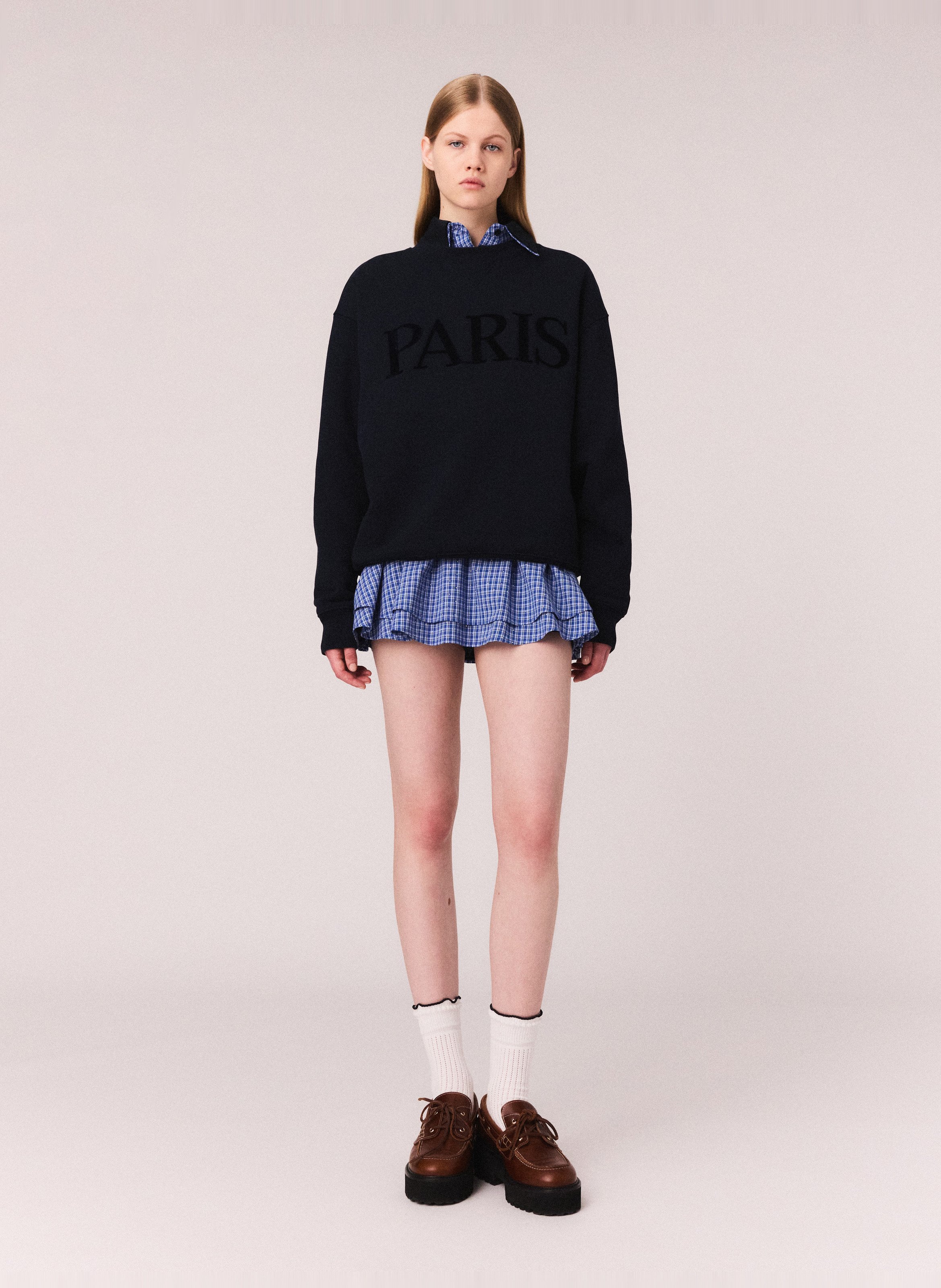 Sweat droit col rond en coton brodé MAJE Bleu