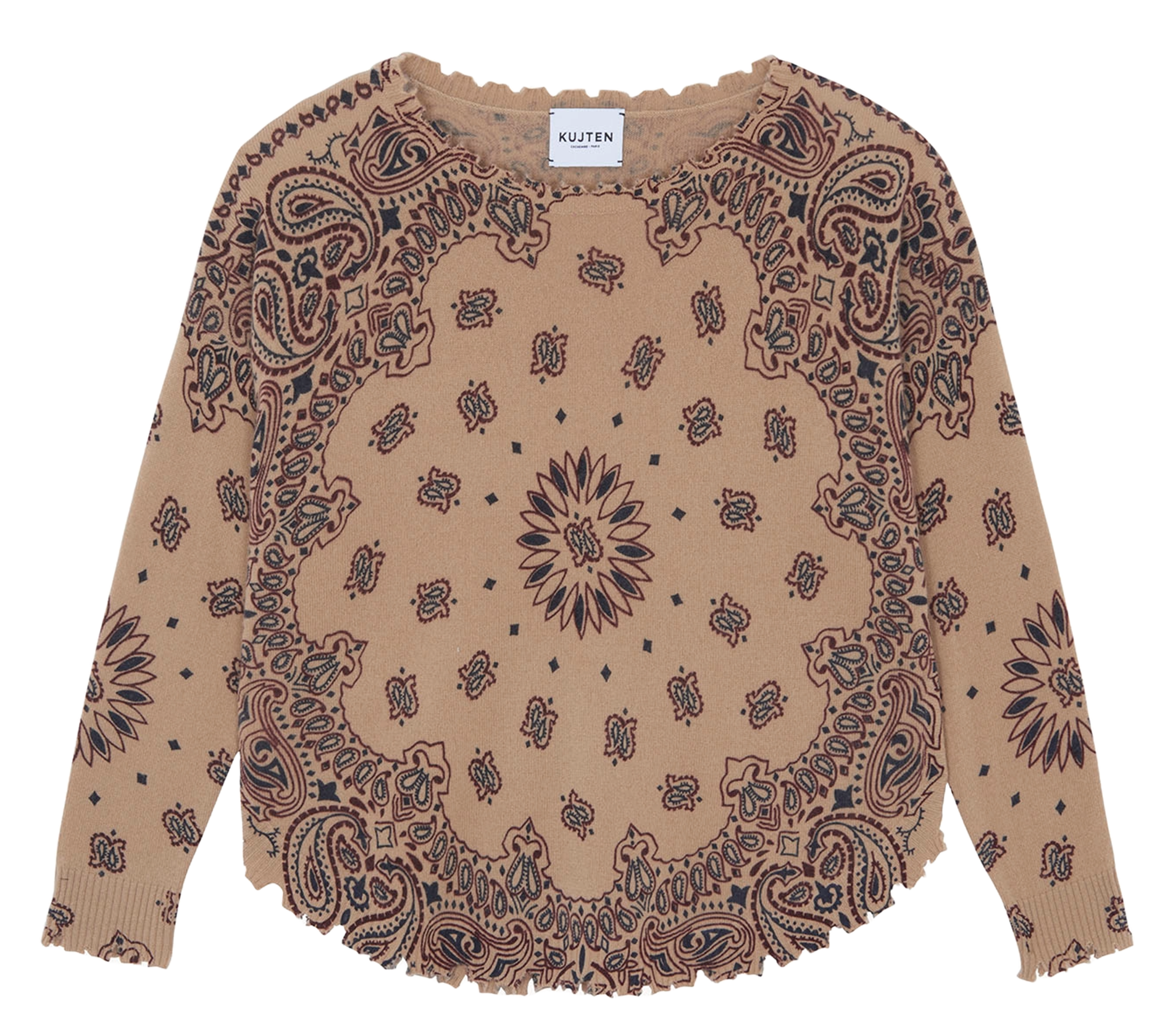 Pull droit à bords crantés en cachemire maillé KUJTEN Marron