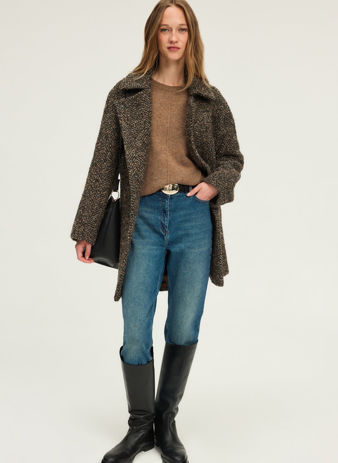 Rechte mantel met visgraatmotief PABLO Bruin